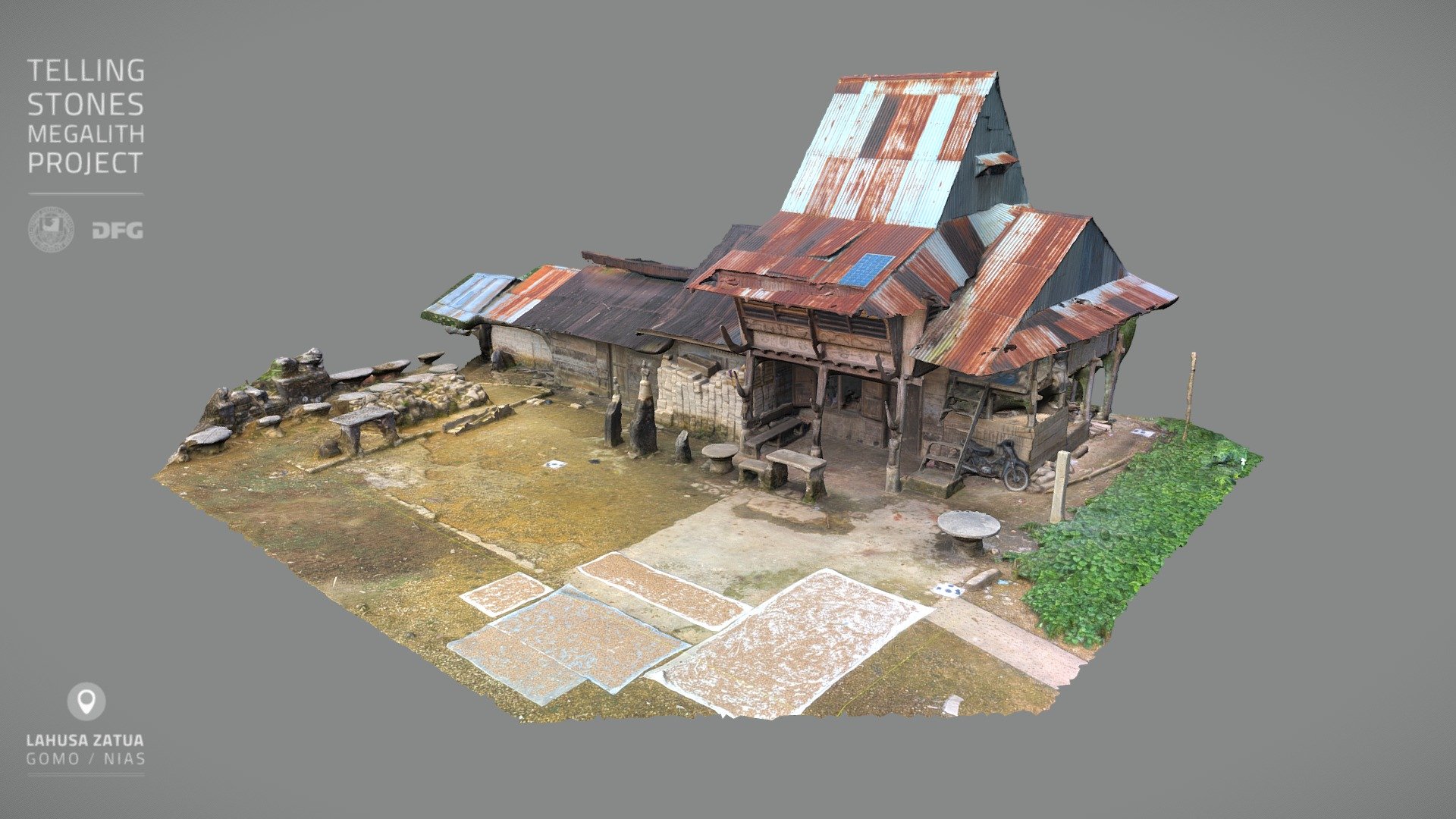 In front of the chief's house in Lahus Satua are two dao-dao, rectangular sculptured stone stools for man, two gowe ni'ogazi, mushroom-shaped seats for women and three behu, menhirs that represent the bodies of female and male ancestors. 






TELLING STONES - MEGALITHS ON SUMATRA

A project at the Freie Universität Berlin

Funded by: Deutsche Forschungsgemeinschaft

Project Head: Prof. Dr. Dominik Bonatz

Model / Photo: Felix Wolter | www.felixwolter.de - Lahusa Satua | Chief's house - 3D model by Telling Stones Megalith Project (@TellingStones) 3d model