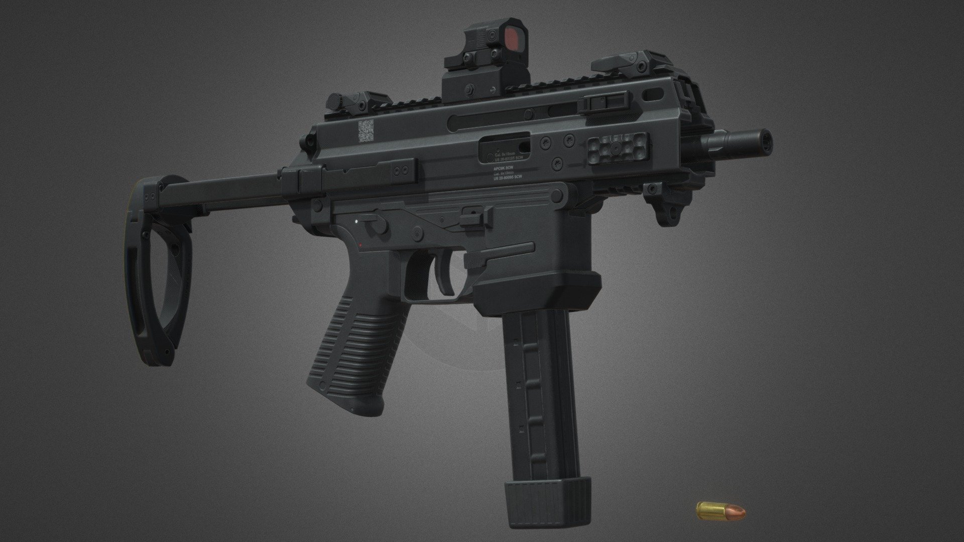 B&amp;T APC9K PRO 9mm US Army SCW
The APC9 K PRO is the next leap in the evolution of the already proven APC9 Family. With
the ambidextrous non-reciprocating charging handles and its other advanced features,
the APC9 K PRO is the perfect choice whenever a compact 9 mm carbine is needed as a
personal defence weapon within military applications or for Police duty, especially for
undercover or observation operations.
Manufactured by B&amp;T AG, Switzerland
76.638 Total Tris

Model renders: https://www.artstation.com/artwork/XggKJl - B&T APC9K PRO 9mm US Army SCW - 3D model by Oleg Anufriev (Naches) (@olgnchsart) 3d model