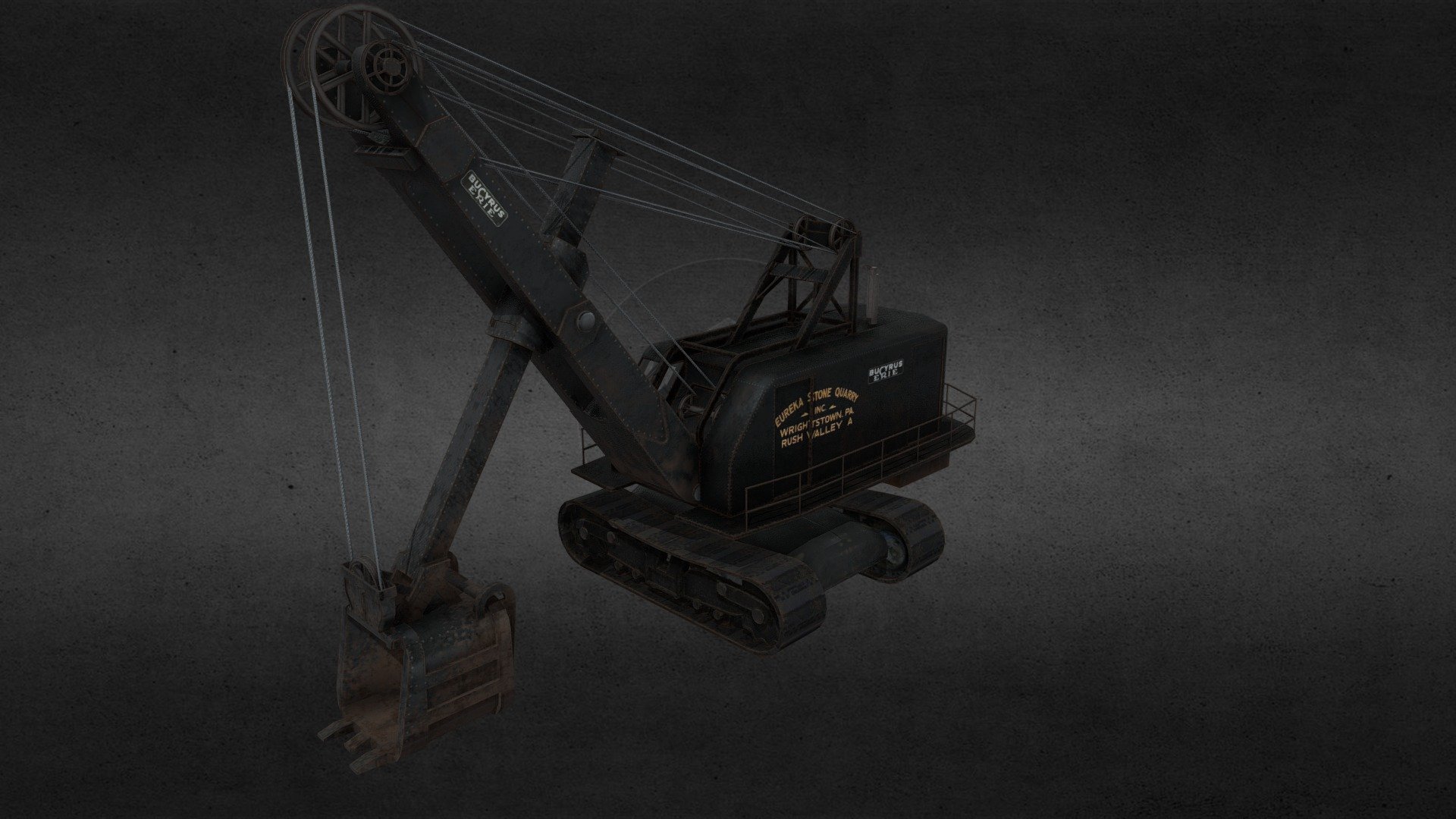 Relatively low-poly representation of real life shovel excavator Bucyrus Erie. Fully animated via one central armature. Full PBR textures include diffuse, metallic, roughness and normal maps raging in resolution from 1K up to 4K (depending on detail/importance) 3d model