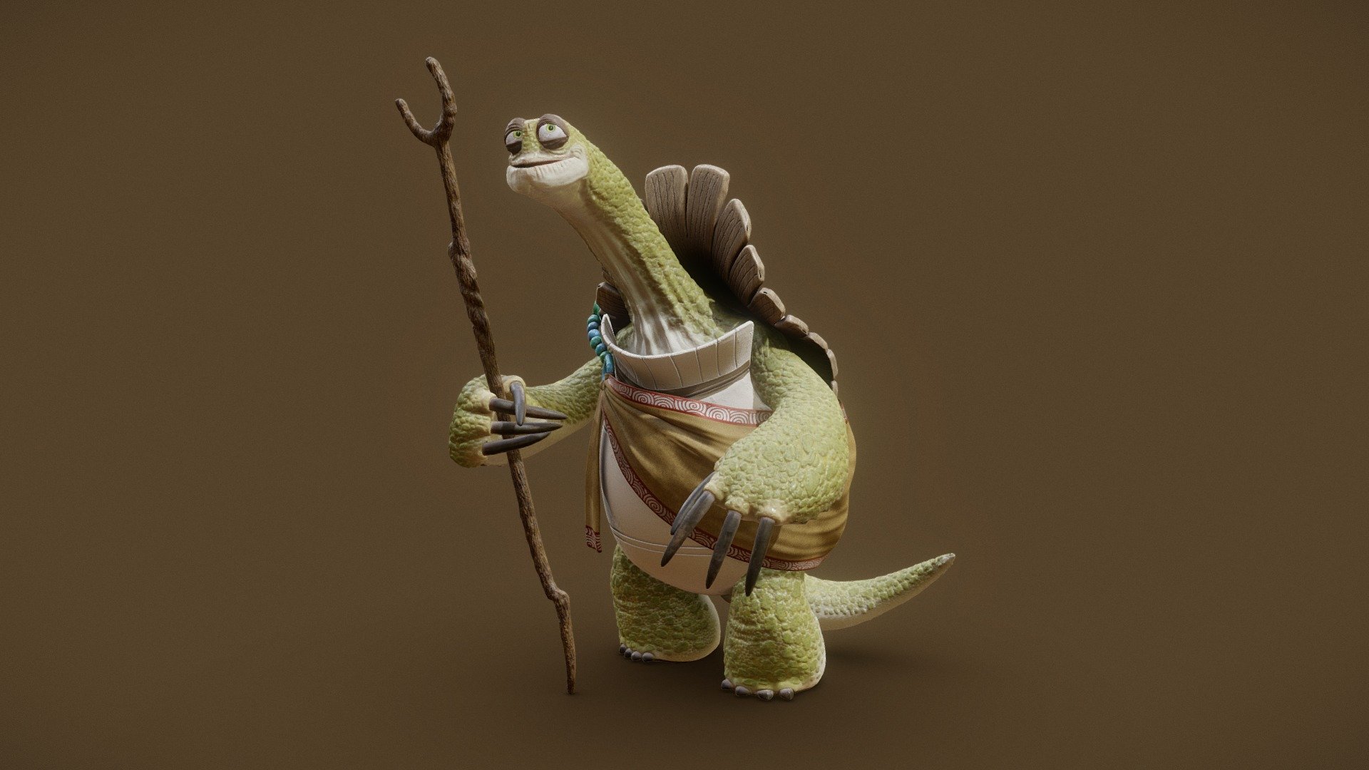 Sketchfab Preview is Subdivided

contents of the .zip file:
blend file:
- Subdivision 0
- T Pose
- Simple Rig with IK for arms and legs and spline IK for head and tail
- Blend shapes for Asymmetry and Face style
- Displacement in Modifiers based on sculpt and in Shaders for Cycles based on heightmap
- Render Setup for Cycles

Textures
- PBR Materials: BaseColor, Roughness, Metallic, Normal, Height, Opacity
- 32 Bit Displacement Maps - Master Oogway - Kung Fu Panda - Buy Royalty Free 3D model by Aran (@aran34x) 3d model