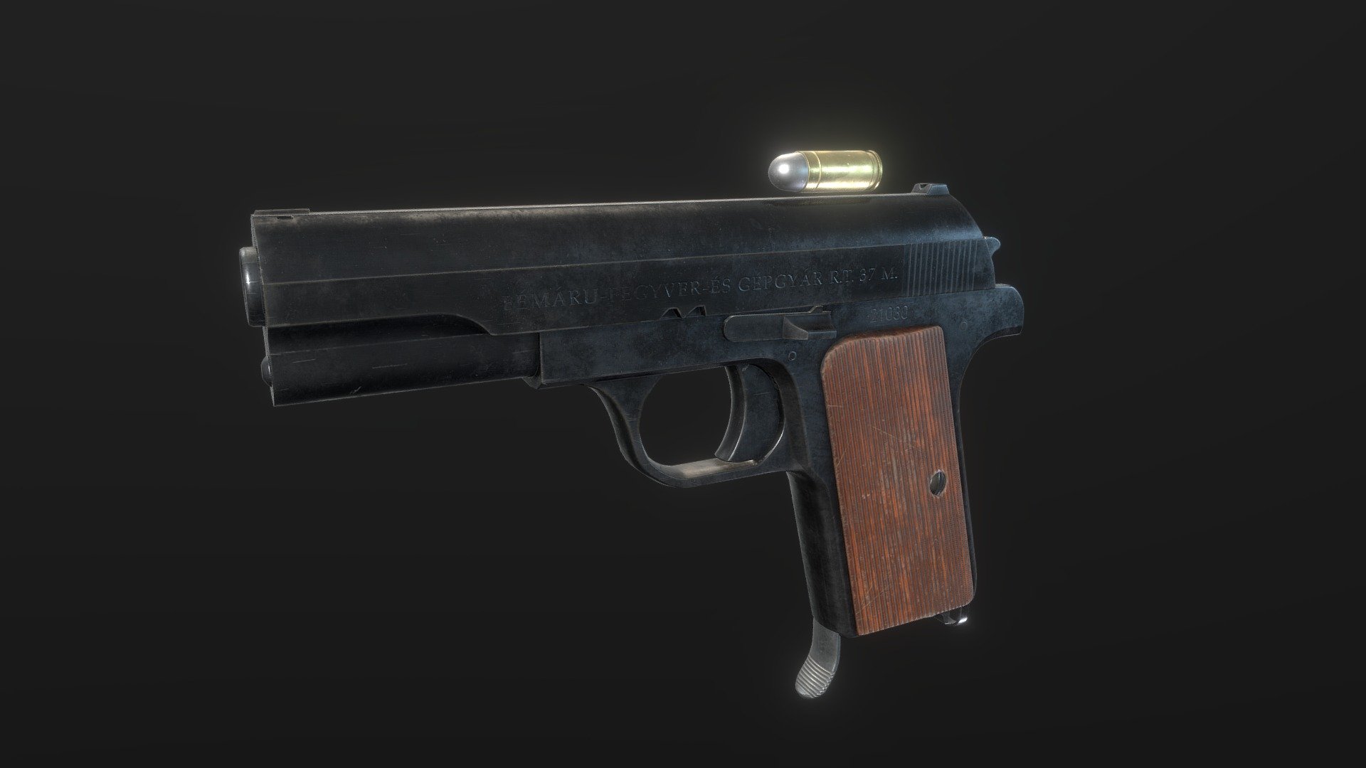 The FÉG 37M is a Hungarian semi-automatic pistol based on a design by Rudolf Frommer.
It was an improvement over the earlier Frommer 29M. It was made in 2 chamberings. The .380 ACP (9x17mmSR) chambered version was used by the Hungarian Army, while the .32 ACP (7.65x17mmSR) version was supplied to Hungary's German allies during World War II. The former, was known in Hungarian service as the M1937.[1] - 37M Frommer lowpoly - Buy Royalty Free 3D model by mastert 3d model