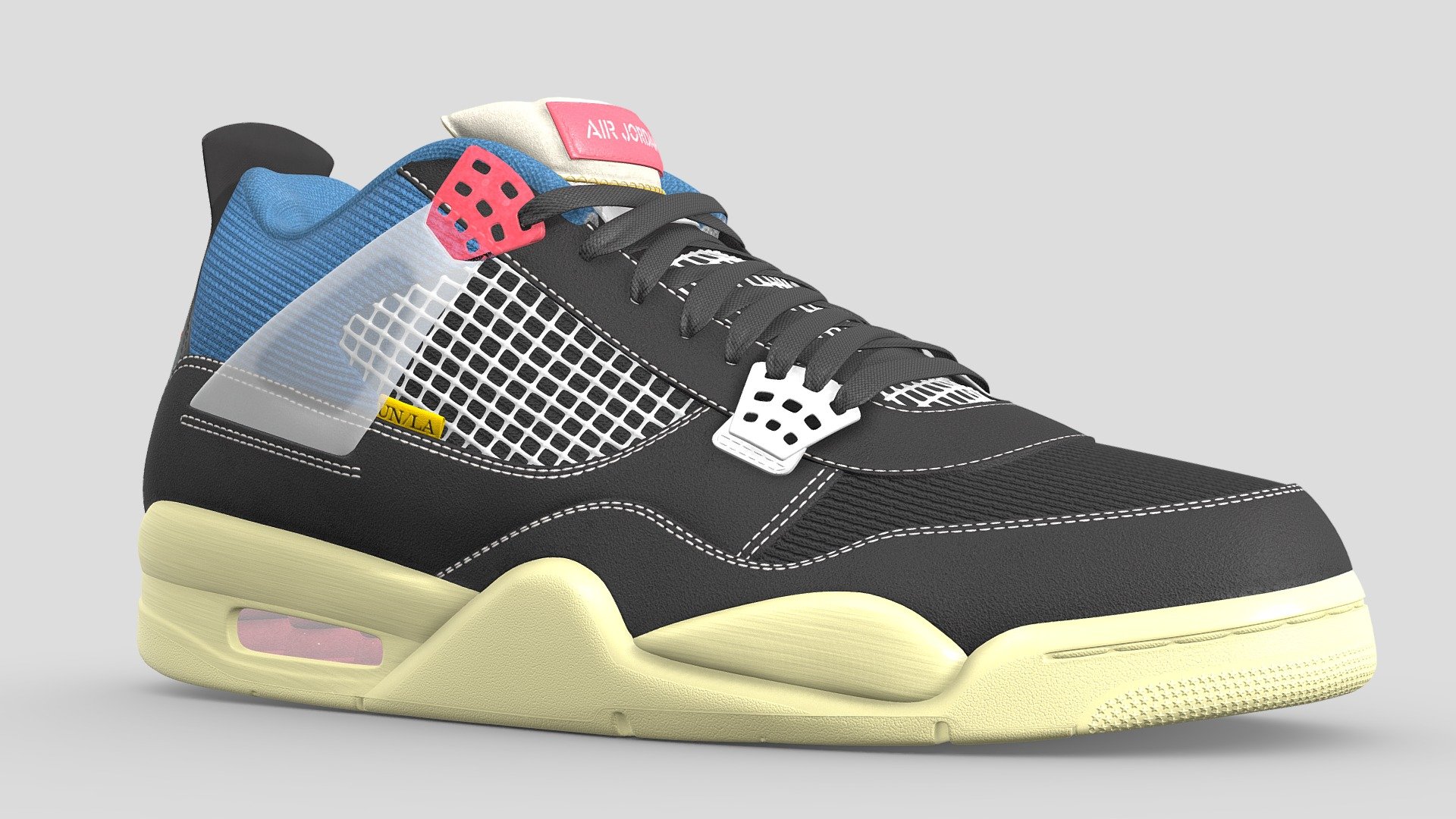Iconic Jordan shoe in collaboration with popular sneaker boutique, Union LA. This Off Noir Ice pair released back in 2020

This model is a 1:1 replication of the original. All dimensions, angles, and curves are the same as the real life counterpart. The shoe is subdivision ready with a base polycount of 65,671 polys per shoe. The mesh uses four texture sets, all at 4096x4096 resolution, with the following maps in use: Base Color, Metallic, Roughness, Normal. The base color map contains the transparency information.

There is an optimized, One Mesh version which has a lower polycount, 33,440 polys per shoe. This was achieved by removing small stitches and smoothing out the sole of the shoe. Two images with turqoise backgrounds show what this looks like.

The main Blender files contain the full texture setup.

If you have any questions or requests regarding the model feel free to contact me here - Jordan 4 Union LA Off Noir - Buy Royalty Free 3D model by Joe-Wall (@joewall) 3d model