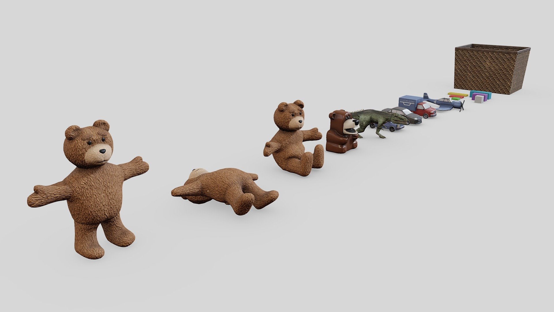 Game Ready Soft Toys: 26780 (T-Rex) + 3650 (Fazbear) + 5492 tris (Ted)

Game Ready Tech Toys: 21428 tris

Game Ready Toys Crate: 284 tris

Textures format: PNG (2048x2048)

3D Artist: Arthur Glushko - Game Ready | Toys Set - Buy Royalty Free 3D model by Saritasa 3d model