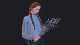 The Girl with the Bouquet of Thistles cottage, flowers, redhead, rose, woman, sweater, bouquet, pretty, thistle, fantasy