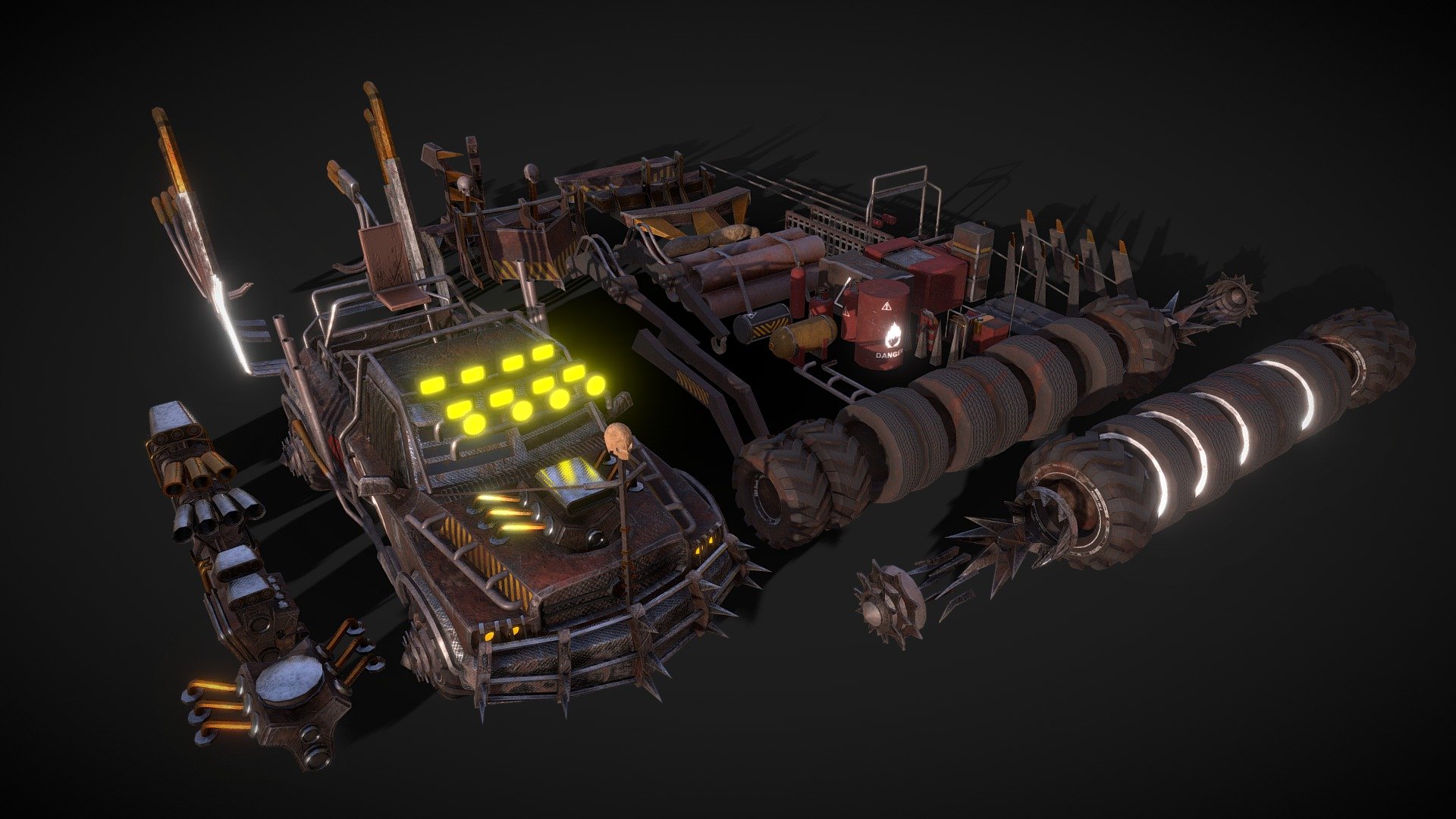 Number of Meshes: 91
Number of Materials : 10
Number of Textures: 23
Texture uv 2048-2048
Model is fully textured with all materials applied. You can edit the material :))
(PBR)=Normal&ndash;MetallikRoughness&ndash;Emissive&ndash;BaseColor
Four different base colors Black,Blue,Yellow,Red
Properly named Textures,Materials and Meshes
Small Truck Polygon 5000
Apparatus Polygon 14000
Other work will continue link https://www.artstation.com/havolk - Apocalypse Truck Modular Pack - 3D model by Havolk 3d model
