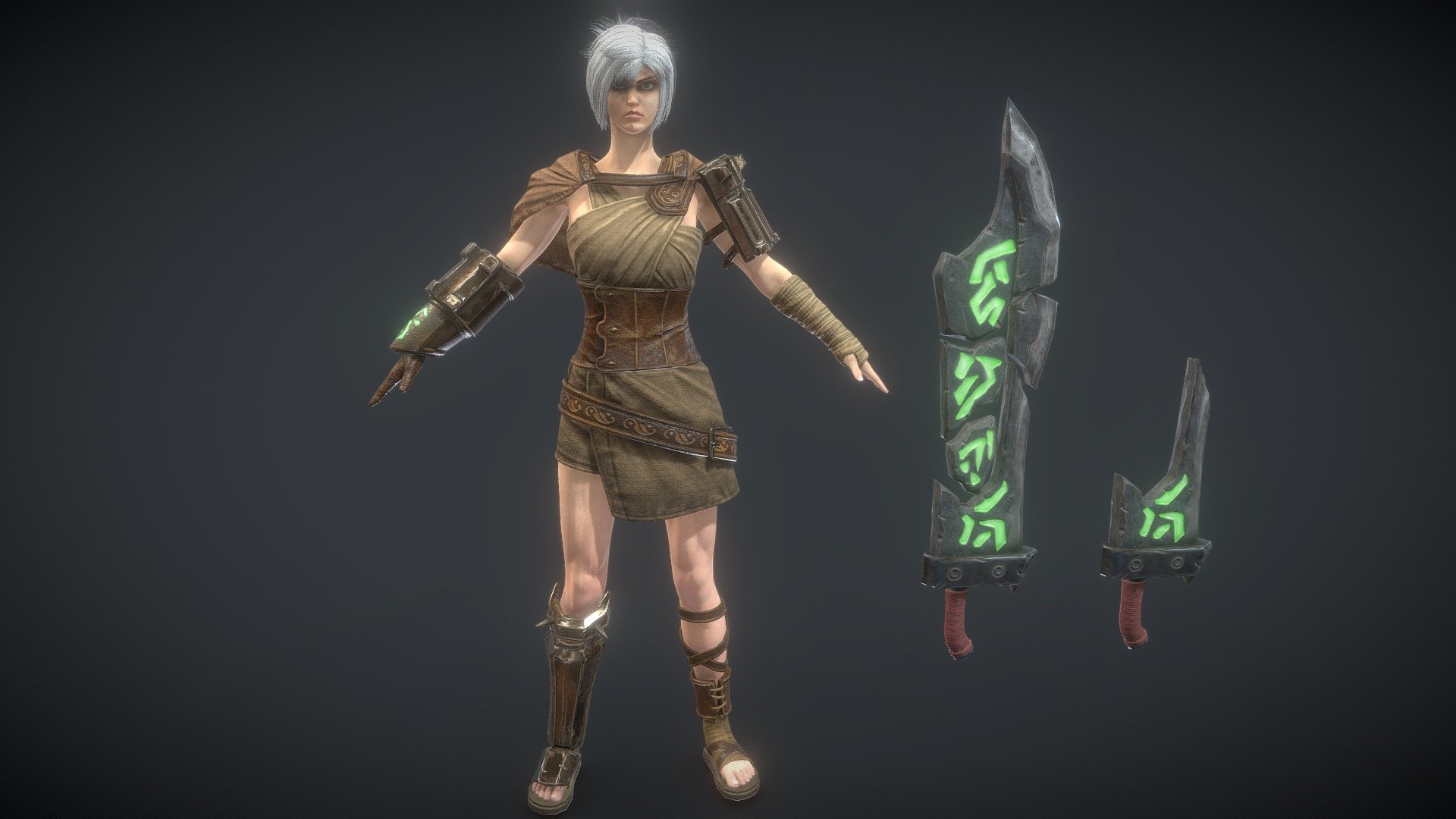 Marvelous Designer
Maya
Zbrush
Xnormal
Subtance Painter
Toolbag



Use UE4 type mapping




BaseColor

Normal

ORM(AO,Roughness,Metal)

Emissive
 ..........



Hair Maps in UE4：

ALpha

Depth

Diffuse

ID

Root



Please download the model assets in the Additional file，thanks 3d model