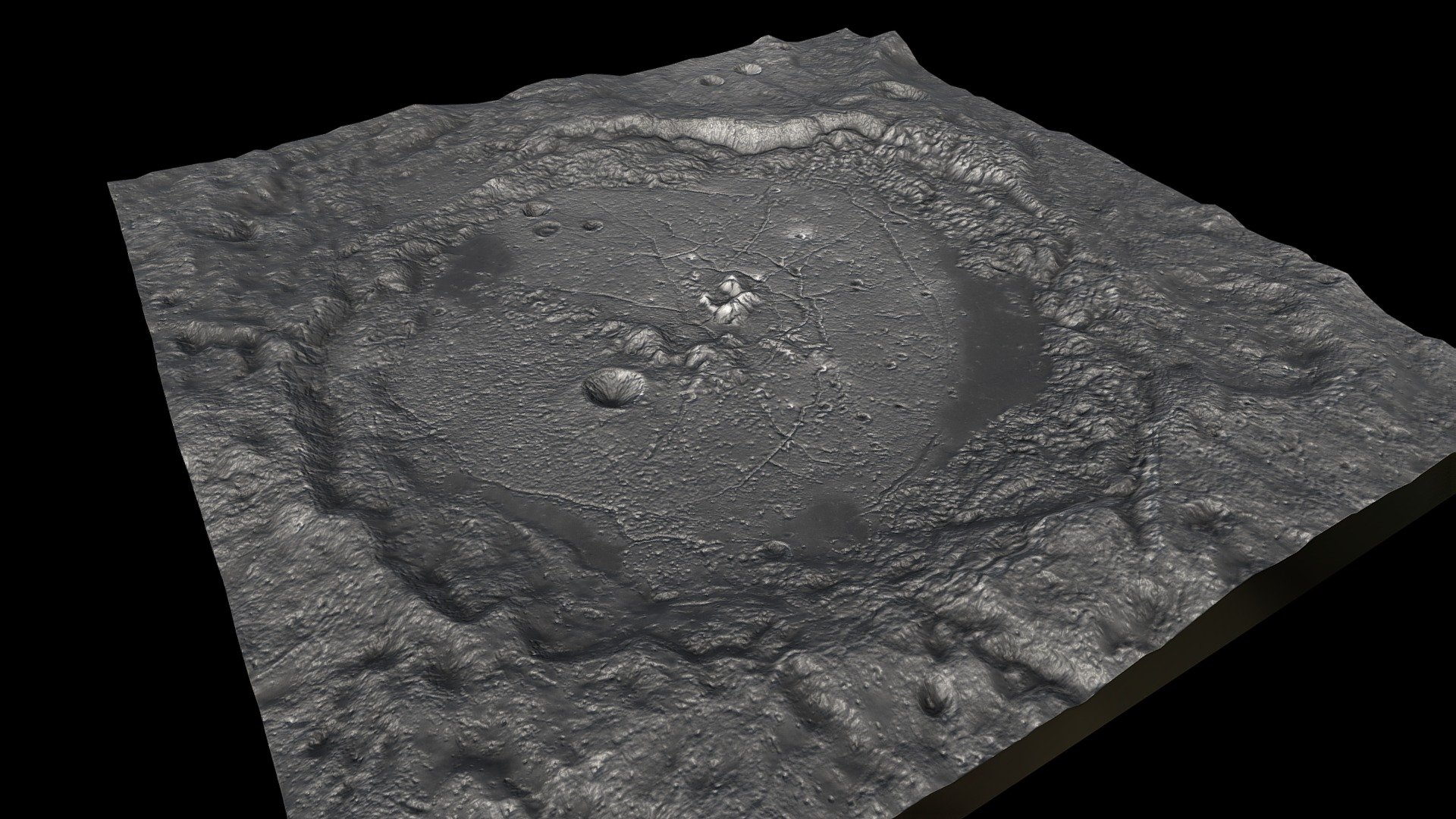 Humboldt is a large lunar impact crater that is located near the eastern limb of the Moon. Due to foreshortening this formation has an extremely oblong appearance. The actual shape of the crater is an irregular circle, with a significant indentation along the southeastern rim where the prominent crater Barnard intrudes. The central peak forms a range on the crater floor. The floor surface contains a network of rilles forming a pattern of radial spokes and concentric arcs. (from Wiki). 
Diameter: 207 km
Eponym: Wilhelm von Humboldt - Humboldt (Crater on the Moon) - Buy Royalty Free 3D model by SebastianSosnowski 3d model