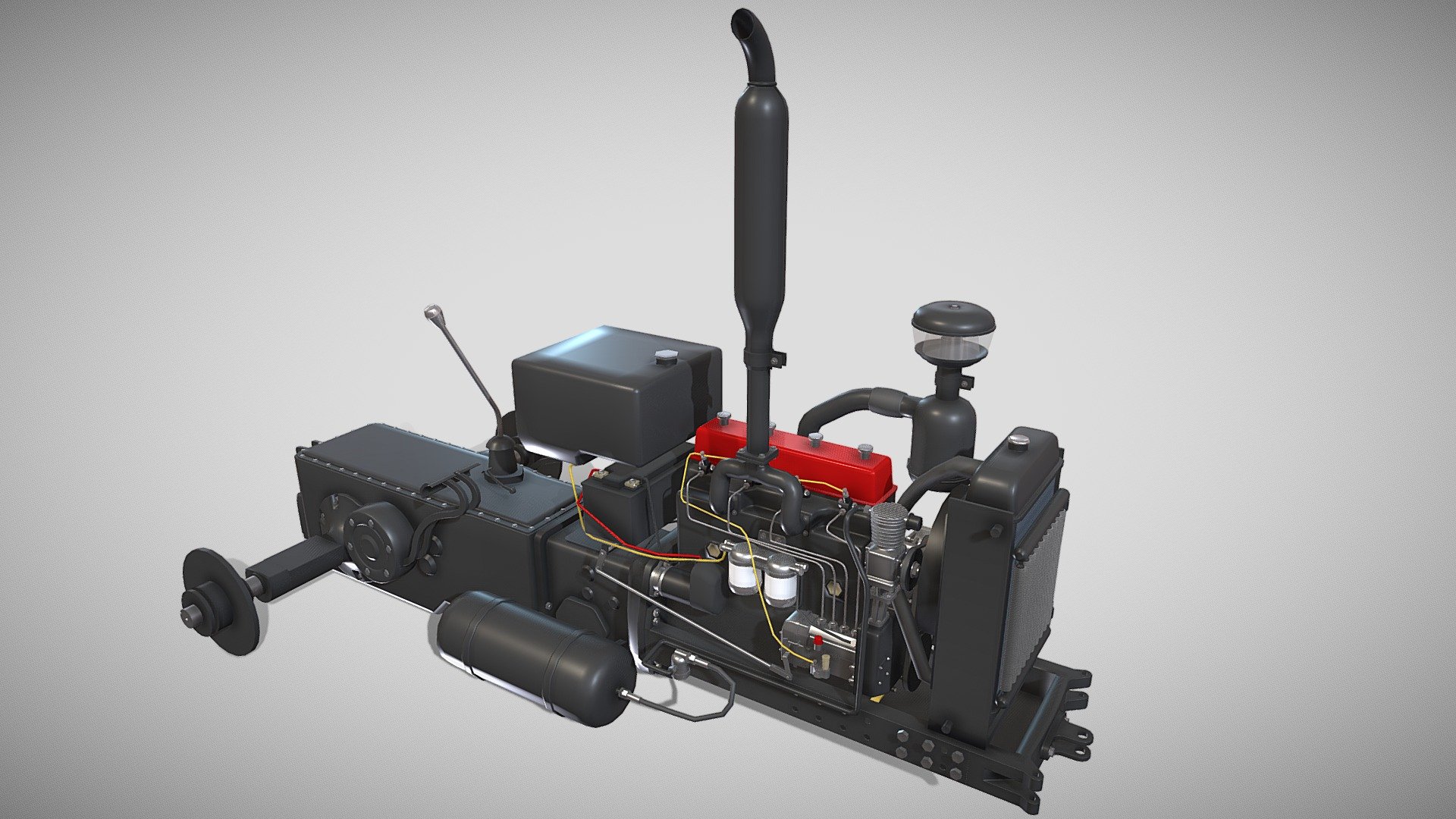 Highly detailed Tractor Drivetrain 3d model rendered with Cycles in Blender, as per seen on attached images.

The model is very intricately built, it has the transmission and engine, with cooling for oil and water, injection pump, fuel lines, compressed air circuit, electric circuit modeled.

The 3d model is scaled to original size in Blender.

File formats:

-.blend, rendered with cycles, as seen in the images;

-.obj, with materials applied;

-.dae, with materials applied;

-.fbx, with materials applied;

-.stl;

Files come named appropriately and split by file format.

3D Software:

The 3D model was originally created in Blender 2.8 and rendered with Cycles.

Materials and textures:

The models have materials applied in all formats, and are ready to import and render, note that some minimal adjustments might be needed to look best in the renderer of choice.

The models come with one png texture.

Preview scenes:

The preview images are rendered in Blender using its built-in render engine &lsquo;Cycles' 3d model
