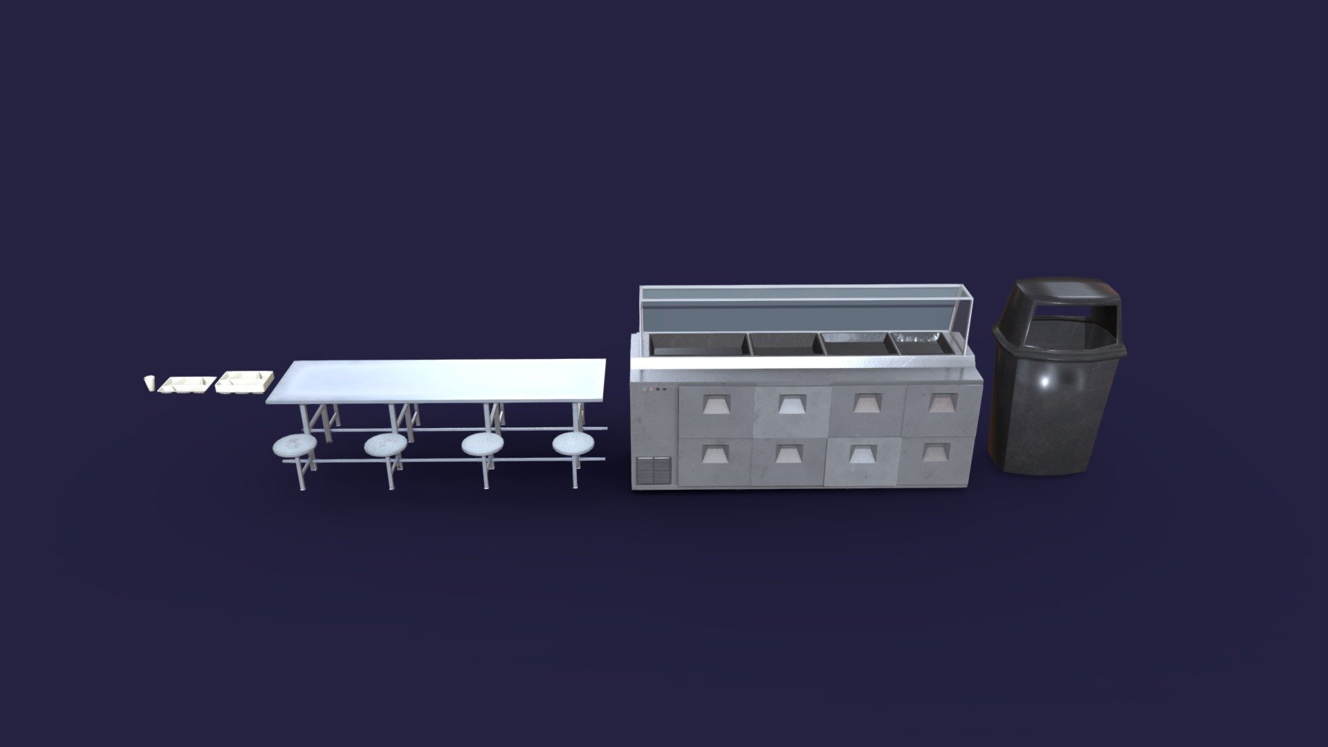 Low poly game asset pack containing basic equipment for prison like dining rooms. 

PBR textures for Specular setup. 2048x2048 .png 
Ready for Unity and Unreal game engines - Prison Dining Room Equipment | Game Assets - Buy Royalty Free 3D model by PropDrop (@PropDrop.xyz) 3d model