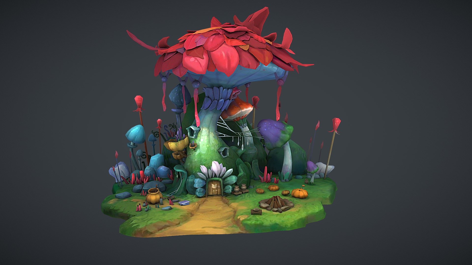 Model was created in Blender and textured in 3DCoat.
Original concept made by 泽科 徐:https://www.artstation.com/artwork/gJZ9xQ ,  and

Concept made by HoDam Kim: https://www.artstation.com/ho-dam - Fabulous Mushroom House✔ - 3D model by Tati_Bogdanova (@tati.bagdanow) 3d model
