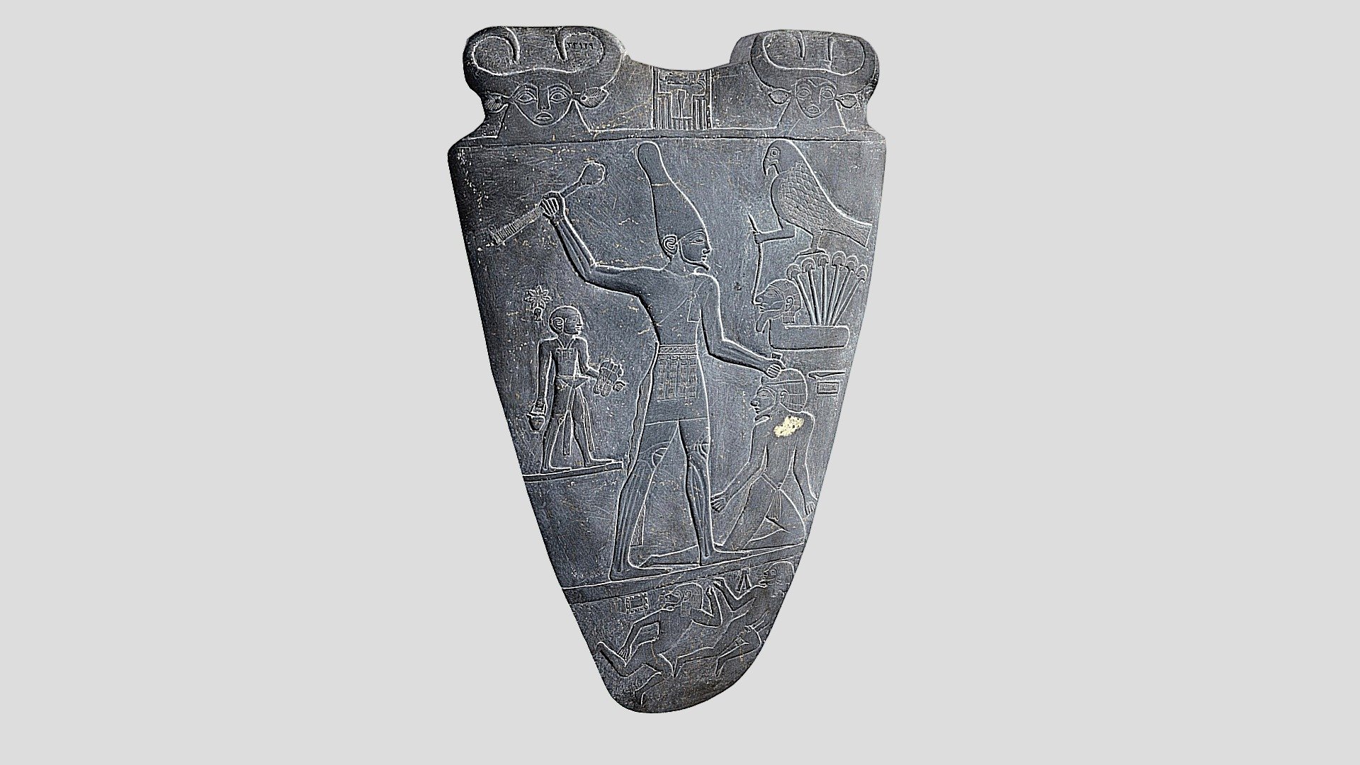 Material:   siltstone
Created 3200–3000 BC (circa)
Discovered  1897–1898
Present location    Egyptian Museum, Cairo
The Narmer Palette, also known as the Great Hierakonpolis Palette or the Palette of Narmer, is a significant Egyptian archeological find, dating from about the 31st century BC, belonging, at least nominally, to the category of cosmetic palettes.

All the information in this link:
https://en.wikipedia.org/wiki/Narmer_Palette - Narmer Palette,ancient egypt,replica - 3D model by SENSIET (@asensio) 3d model
