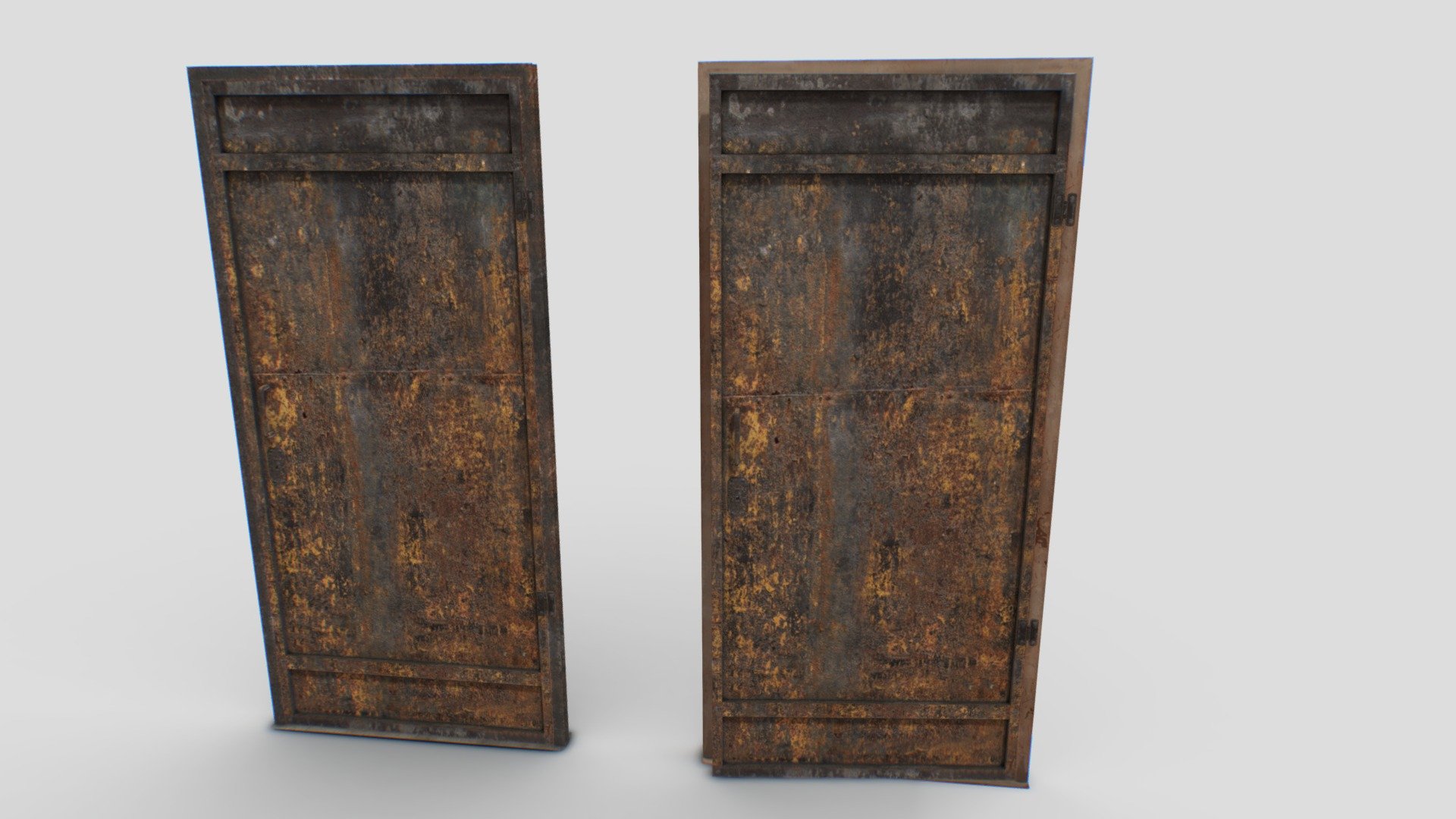 1 old metal door. Real scale. Comes with 4096x PBR textures including Albedo, Normal, Metalness, Smoothness, Roughness and AO.

Model comes with 2 different door frames.

Total polys 2700. 2500 verts 3d model