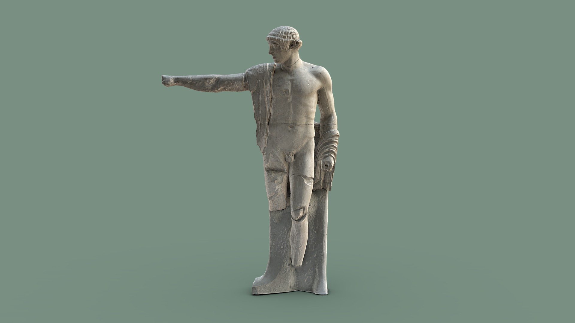Captured from the balconies and staircases of the Ashmolean Museum atrium.

Object Label:



Temple of Zeus, Olympia, Greece, about 460 BC The impassive, square-shouldered Apollo is an early and powerful exemplar of the hard, simplified realism of the fifth century Bc which we know as &lsquo;early classical. 

The naked god stood in the centre of the west pediment of the temple, with his right arm extended in an imperious gesture to calm a battle of Greeks and Centaurs that raged around him. The left hand held his separately added bow.

The unfinished back has a cutting for attaching the figure to the pediment wall. The statue was carved in high-quality marble from the Aegean island of Paros and is presented here in a plaster cast.

CG.A.59
 - Cast of Statue of Apollo - 3D model by Thomas Flynn (@nebulousflynn) 3d model