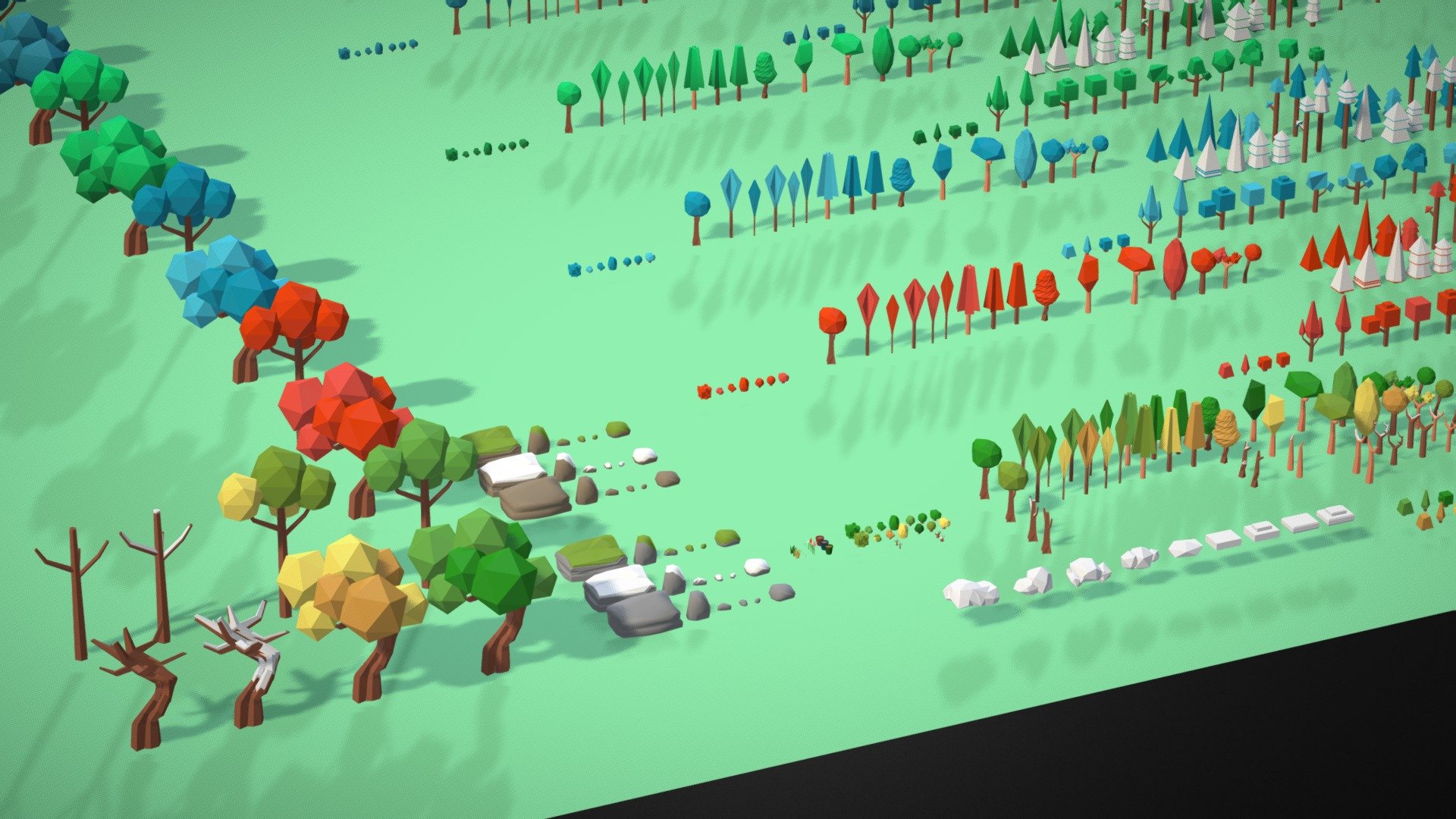 FBX, BLEND and UNITYPACKAGE formats.



This nature pack contains 180 unique prefabs and 12 grass textures.



3 variants for all prefabs: 

- with colored materials 

- with pallete texture (one material with texture for all prefabs)
 
- vertex color (shader not included)



Trees (75 - 940 tris): 

- 39 summer trees 

- 32 autunm trees 

- 24 winter trees 

- 10 spring trees 

+ some color variants



Bushes (70 - 300 tris) 

- 7 summer bushes 

- 7 autumn bushes 

- 2 spring bushes 

- 2 winter bushes 

+ some color variants







3 pots (116 tris)






9 clouds (12 - 120 tris)





Stones (32 - 124 tris): 

- 18 stones (6 default, 6 with snow, 6 with moss)
 
+ some color variants



Grass/flowers (18 - 54 tris): 

- 6 flowers (6 models and 6 billboard textures) 

- 2 green grass (2 models and 2 billboard textures) 
 
- 4 yellow grass (4 models and 4 billboard textures) - Low Poly Nature Pack (4 Seasons) - 3D model by Valday Team (@mrven) 3d model
