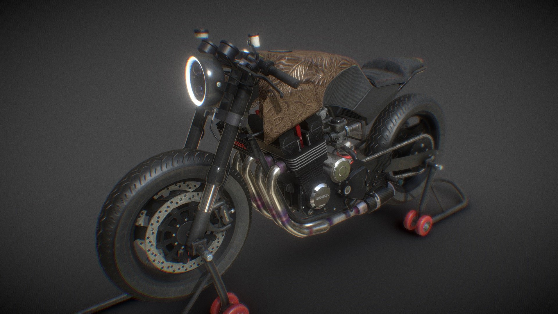 Variant version of CBX 750 caferacer with patent batik leather. The CBX750, or RC17 is a Honda motorcycle sold primarily in Europe, South Africa and Australia. Manufactured from 1984 to 1988, the CBX750 was developed from the CB750, in parallel with the VF750, a wholly new design. It is also used by motorcycle police in Malaysia, Singapore, Hong Kong, Turkey, Gibraltar and Ireland 3d model