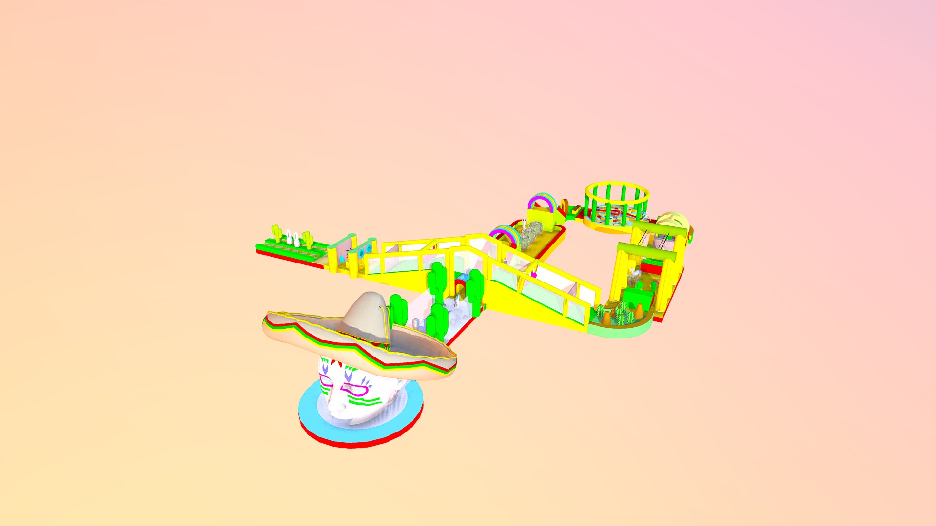 Deze enorm toffe stormbaan is maar liefst 120 meter lang en in een geweldig thema uit gevoerd! Wat deze stormbaan echt uniek maakt is de opblaasbare brug waar deelnemers over een ander deel van de stormbaan heen gaan.Tevens zit er een Spinning Wheel in verwerkt waarbij twee personen kunnen tegelijker tijd door het labyrint proberen te gaan! Dit is moeilijker dan het lijkt want twee armen draaien over het labyrint heen! Buk op het juiste moment en wees als eerste over de finish! - Alpacarun 120m - 3D model by Jump Rental (@Jumprental) 3d model