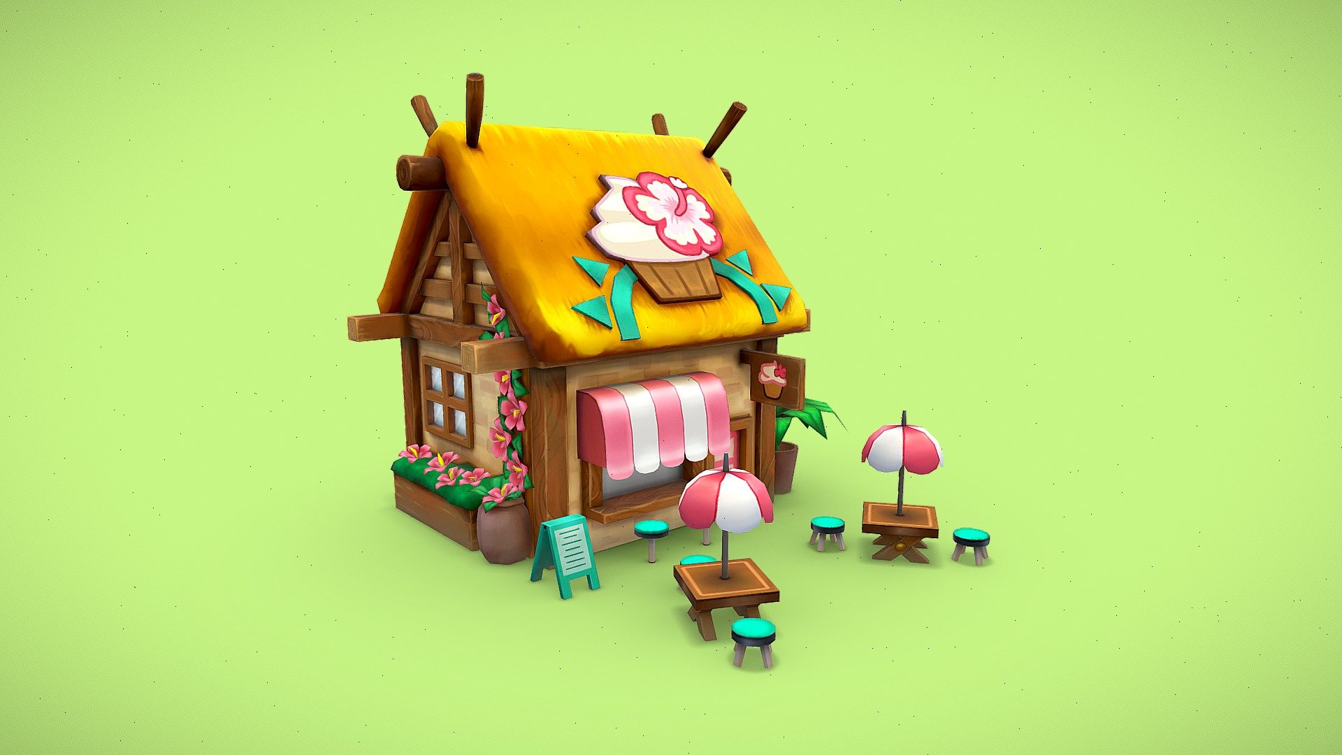 Here is a the building of a Npc from the mobile game Shop Titans. 
The asset has only base color maps and flat lighting. It was very fun to be able to work on handpainted textures again! 

Concept was made by Sida Guo - Shop Titans - Baker's building - 3D model by vijohnsyu 3d model