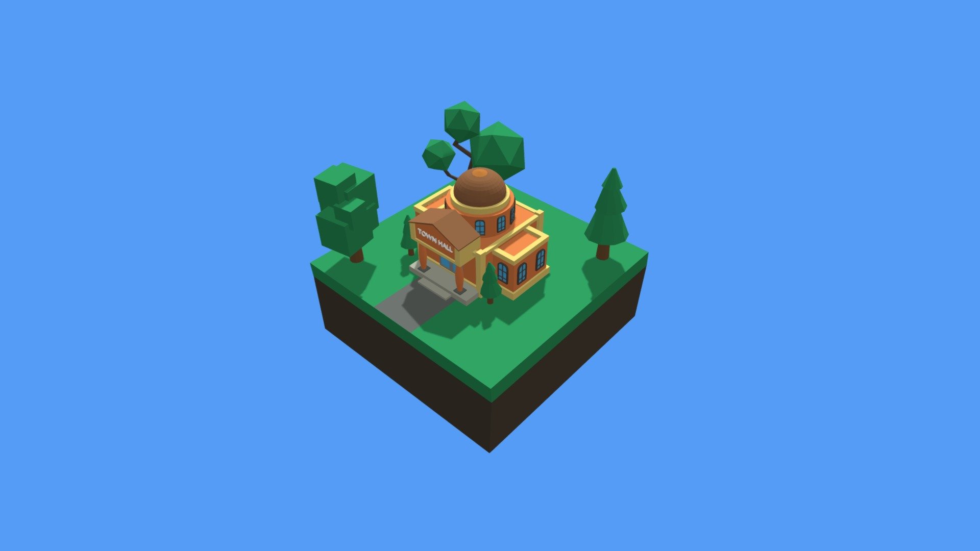 A low poly town hall on a cube island what is just made for presentation you can use all model in the scene or use it separetly it's your choice. I made it in a littlebit cartoonish style, I made it for one of my bigger personal project (ECO city) and I decided to I load up this model here for every one who want to use this for any project.

Some features:
All materials have their titles
Easy to change and the Town Hall name is rewriteable
No special plugin needed to open scene
Every model separated as loose parts to make it more easy to use - Low poly cartoon Town Hall - Download Free 3D model by Skodvirr 3d model
