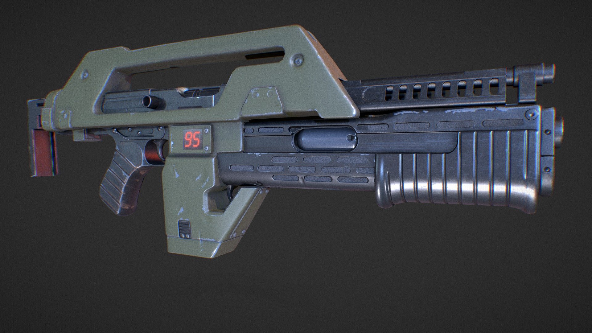 I created this model based on references from the actual movie props and some amazingly faithful replicas.
The geometry is relatively light weight for use in game engines. The counter animation is geometry based, so it can be used dynamically and adressed by code.
Complete with 4K PBR textures.

My motivation for this piece came from rewatching the Aliens movies. I took this as an opportunity to learn Substance Painter and figure out how to bake maps for a more complex model like this.
It's also always interesting to learn a few things about design in general and about the object you're researching in specific.
When researching references it helped me to find out that parts of this design are based on real life rifles like the &ldquo;M1A1 Thompson