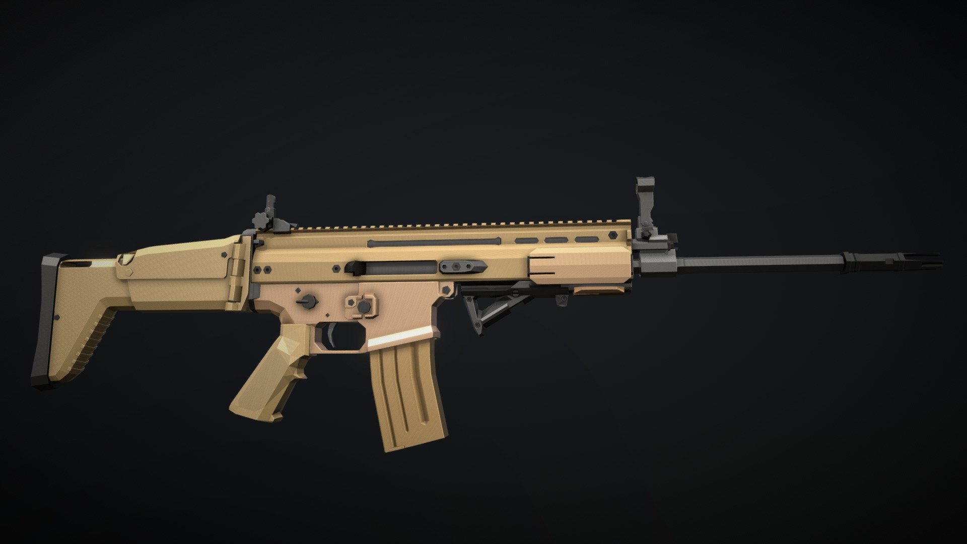 5.56 Variant of FN Belgium's SCAR rifle, feeding from STANAG AR-15 magazines, a few rifles of this type were field tested by the US military, designated Mk16 mod 0, but the weapon was never formally adopted, however it is in use by many other militaries and law enforcement agencies as it still is an effective, reliable, easily modifiable weapon system.

23/11/22:
improved detail of stock attachment (now interchangeable with ACR type stocks), simplified some geometry, added angled grip and some grip panels - Low-Poly FN SCAR-L - Download Free 3D model by notcplkerry 3d model