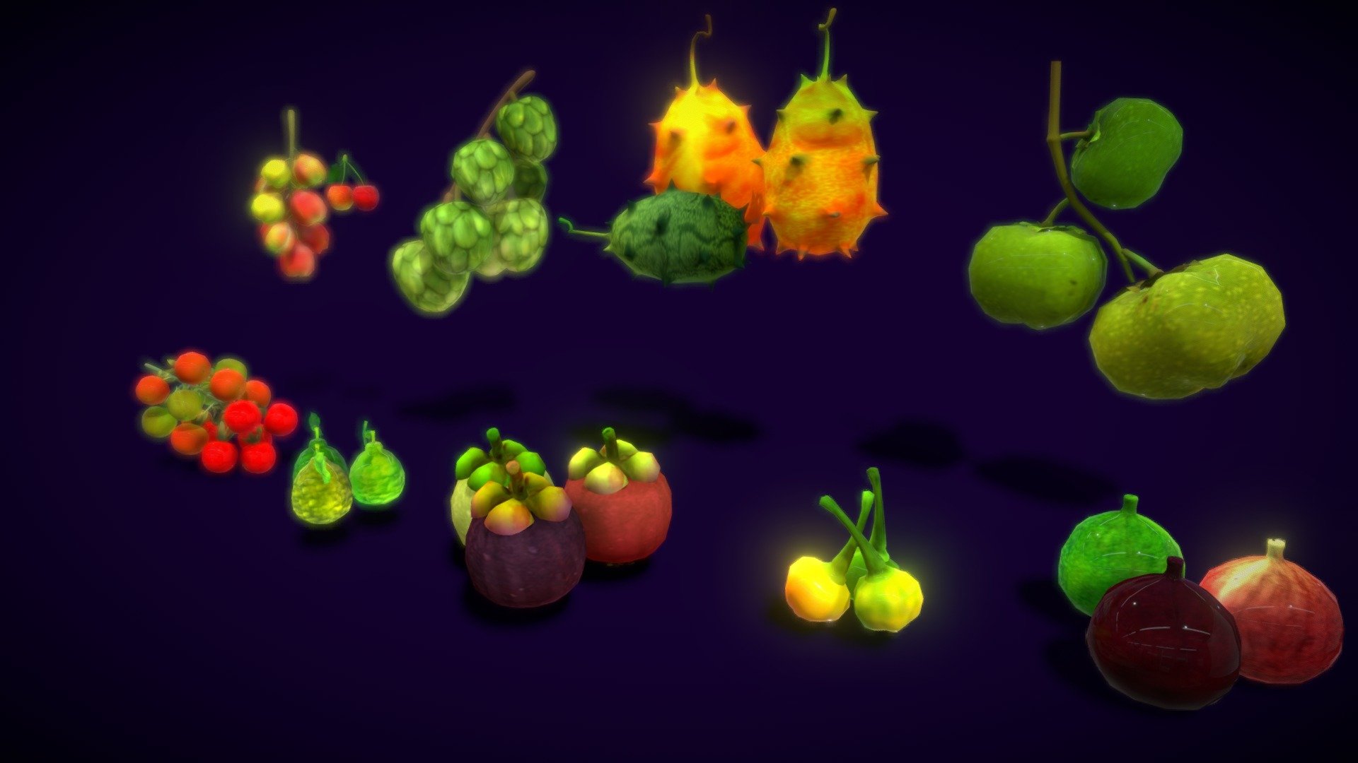 A collection of fruit: 
- Ackee Fruit
- Cherry Fruit
- Cherimoya Fruit
- Kiwano Fruit
- Black Sapote Fruit
- Tamarillo Fruit
- Lemon Fruit 
- Mangosteen fruit
- Charapita Fruit
- Woody grapes Fruit
  Each model has lowpolys. Each texture is 512x512px

Included textures for each fruit: - Diffuse Map - Collections Fruit Path2 - Buy Royalty Free 3D model by vustudios 3d model