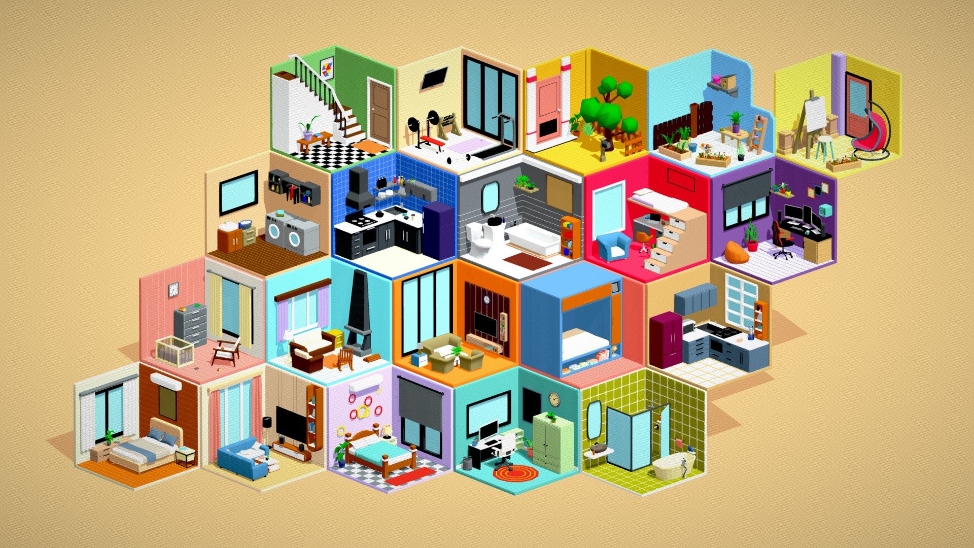 This pack of rooms includes the following variety of rooms:
Hearth room, Staircase Lobby, Gym Room, Garden, Terrace, Balcony, Washing Room, Kitchen Room, Study Room, Computer Room, Gaming Room, Office Room, Baby Room, Living Room, Main Hall, Bedroom, Bathroom, etc.

There are various furniture and rooms assets available such as beds, tables, tripods, cupboards, Computer with Tables, Chairs, Carpets, Sofa sets, Lamps, Double-decker beds,  Washing Machines, Washbasins, Mirrors, Toilet-Bathroom Tubs, Curtains, Windows, Air Conditioners, Gym Tools, Garden assets, Showcases, Clocks, TVs and much more.

All assets are originally modeled in Blender. You can use it in any games, rendering purpose, metaverse projects, or anything you need related to these assets. You can also make variants by changing the material colors of any assets.

Hurry up! Don't wait to grab it. Enjoy this very useful package. Give valuable feedback and likes to make us inspire to design further models of your choice 3d model