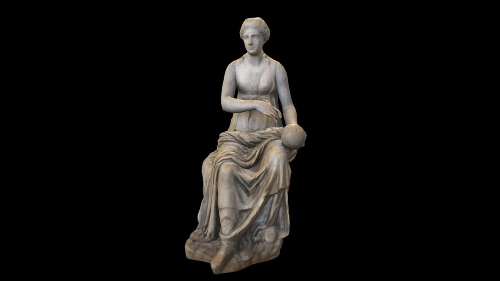 Statue of Urania

Roman

Palazzo Altemps, Rome.

Pentelic Marble, Restorations in Carrara marble.

This sculpture's identification as the Muse Urania is due to the modern restorations which added the stylus and globe, attributes of the Muse of astronomy.
In addition to the arms and hands, the upper torso and head are  restorations.

Despite the uncertain identification as Urania, the sculpture is certainly one of a Muse, due to its consistency with other known Muse types - namely the positioning of the legs, drapery, and large rocky seat, serving as a base.

Detail of the restorations: Ancient in Blue
 - Urania Palazzo Altemps - 3D model by Matthew Brennan (@matthewbrennan) 3d model