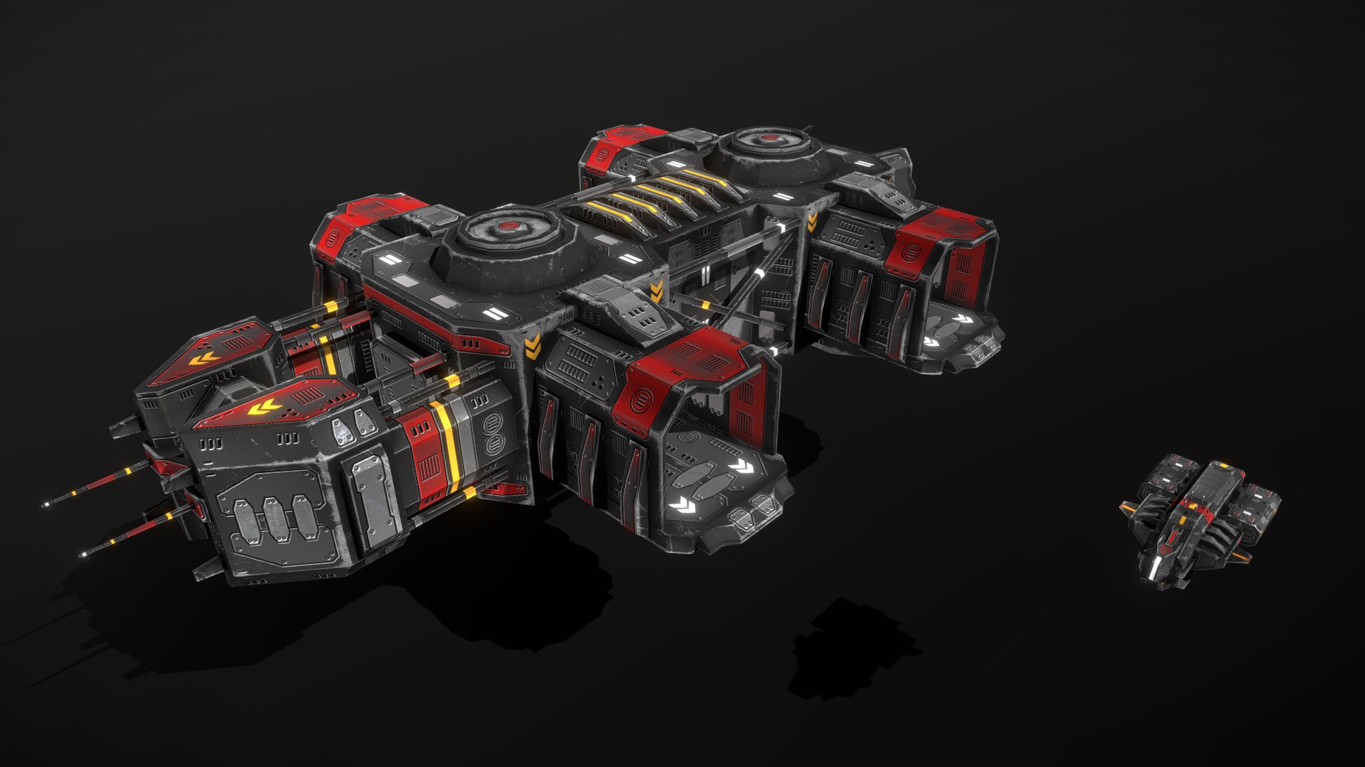 This is a model of a low-poly and game-ready scifi spaceship / space structure model. 

The weapons are separate meshes and can be animated with a keyframe animation tool. The weapon loadout can be changed too. 

The model comes with several differently colored texture sets. The PSD file with intact layers is included.

If you have purchased this model please make sure to download the “additional file”.  It contains FBX and OBJ meshes, full resolution textures and the source PSDs with intact layers. The meshes are separate and can be animated (e.g. firing animations for gun barrels, rotating turrets, etc) 3d model