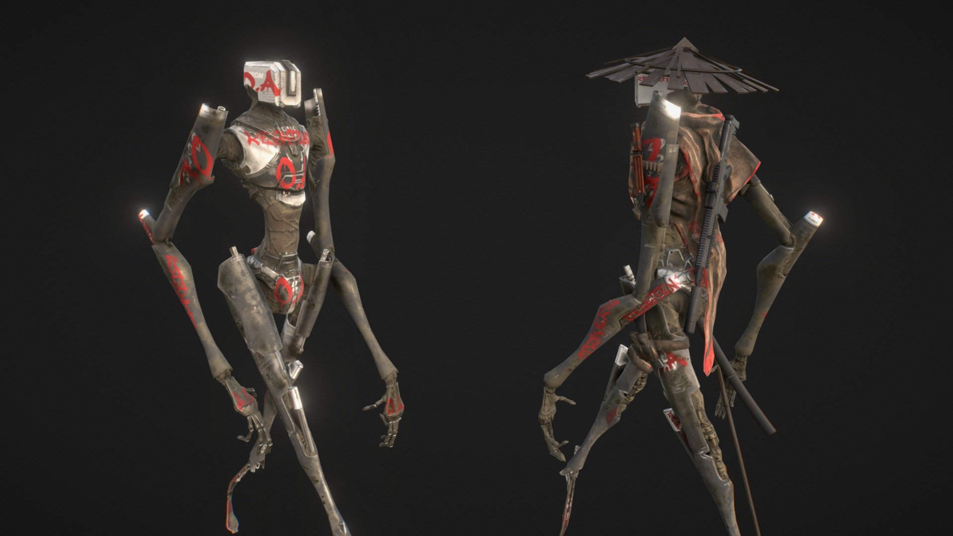 Trying to make a videogame with robots in class:
https://www.artstation.com/artwork/EV8YEK 
https://www.artstation.com/artwork/dwxqA - DromOS Rebelion Robot - Buy Royalty Free 3D model by Alejandro GC (@alejandro_gc) 3d model