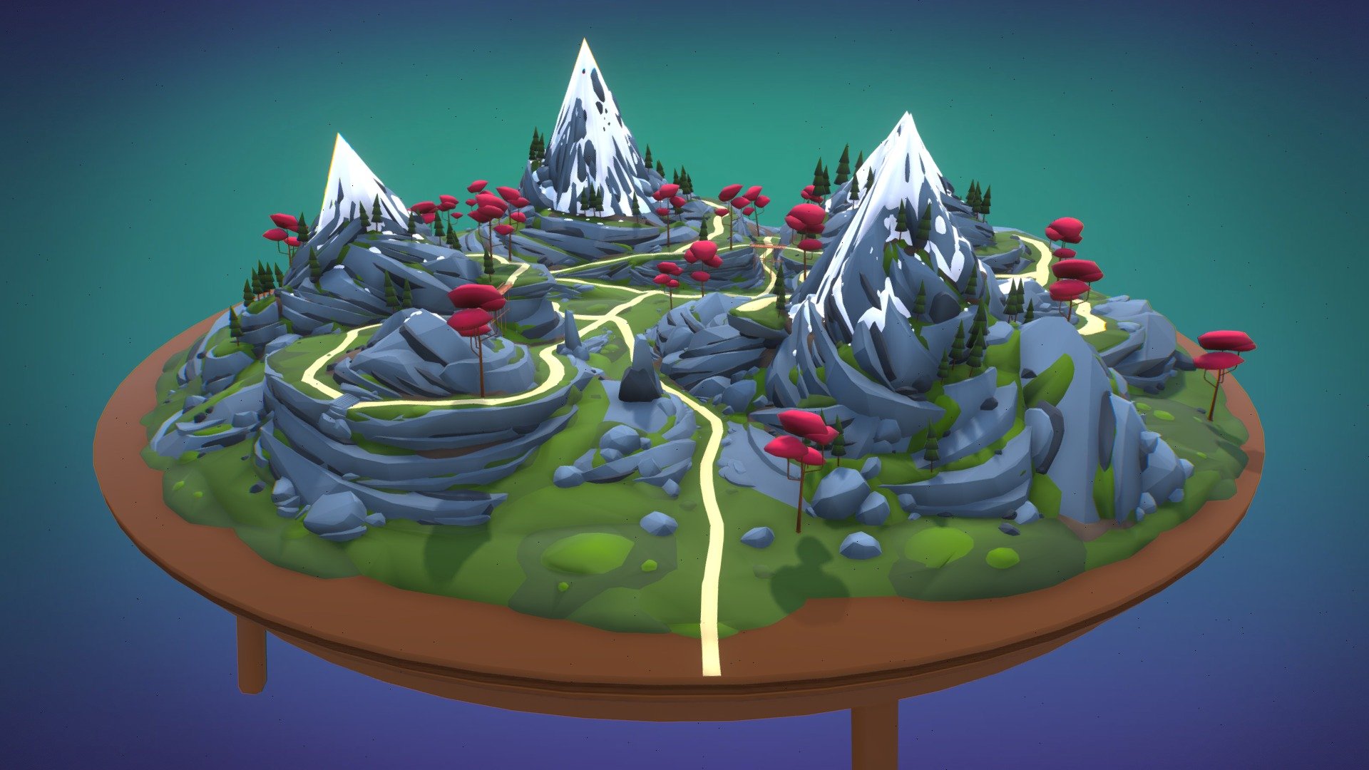 This landscape was made entirely in VR with Gravity Sketch for a tutorial on my channel. It utilizes an original workflow of mine where I use Gravity Sketches volume brush to create convex shapes that can easily be converted into clean geometry with booleans.

Each material can inherently share the same gradient texture as well, but to make it presentable in Sketchfab I have baked a unique color into each material's gradient. This model also works extremely well with decimation, and can still retain it's form when decimated by 99%. So it's not your standard model, but with some tweaking there's a lot you can do with it :)

The full tutorial will be available here later today:
https://www.youtube.com/channel/UCExNObiCjy-fhsYMwf8p1LQ - Lowpoly Mountain Diorama | Gravity Sketch - Buy Royalty Free 3D model by The Spatial Canvas (@spatialcanvas) 3d model