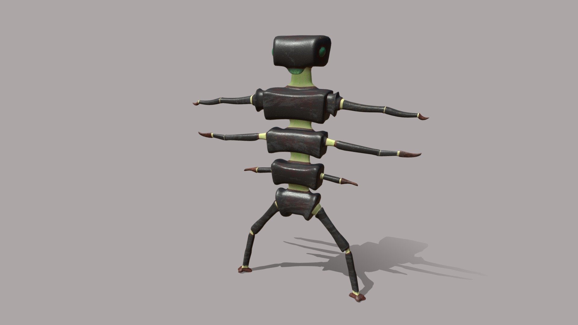 A model of an insectoid character made in Maya. Modeled from a single polygonal cube and textured in Substance Painter. Includes base color, metallic, roughness, and normal maps. This creature likes covering itself in layers of dust and feeds on meteoric grubs found around volcanic sites - Ash Mantis Cartoon Chr - Download Free 3D model by TalynE 3d model