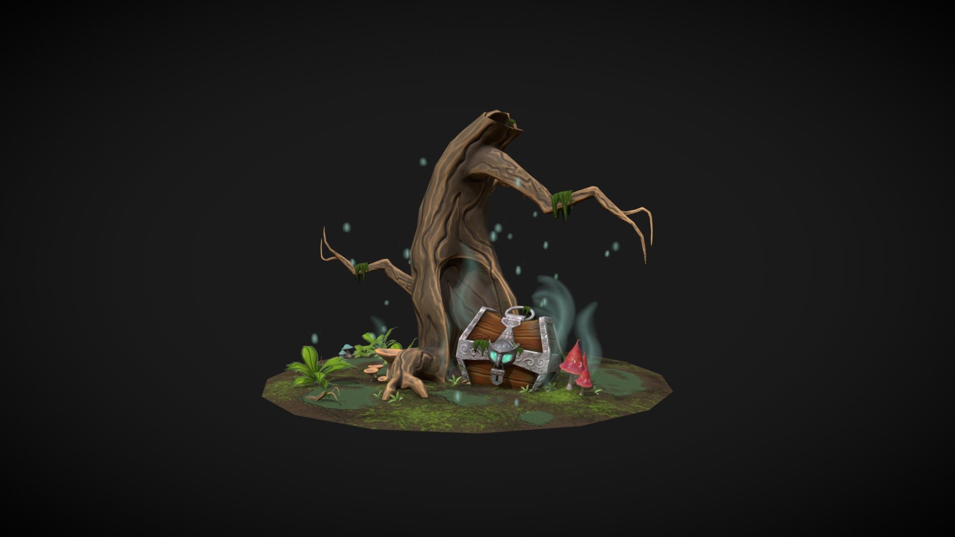 Stylized lowpoly environment for #TreasureChestChallenge.

Old swamp keeps it's secret very well and you never know how many people were here before.
Just look at them &ndash; these mushrooms look so cheerful and full of energy, maybe they had something to eat last week?
Or, maybe, someone?. 3d model