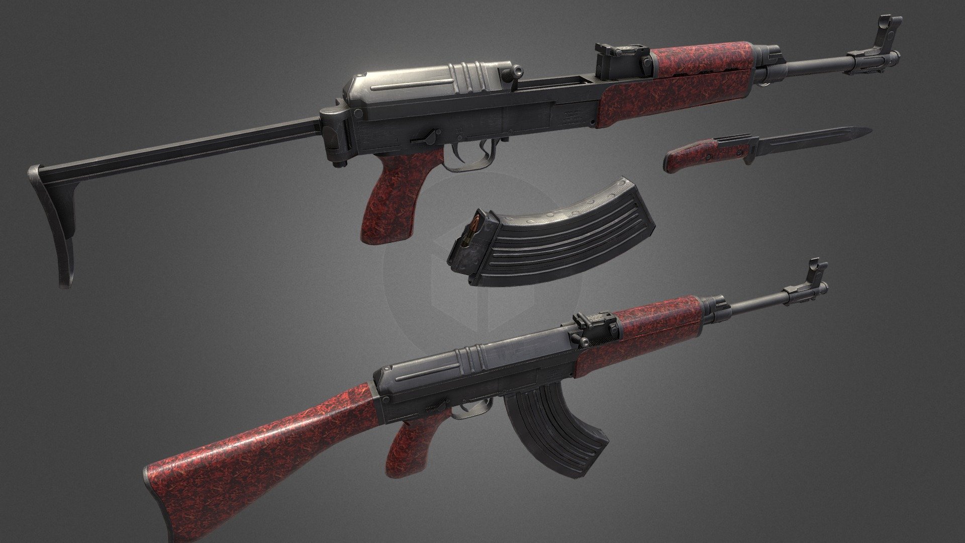 Samopal vzor 58 :
The vz. 58 (or Sa vz. 58) is a 7.62×39mm assault rifle designed and manufactured in Czechoslovakia and accepted into service in the late 1950s.

I have made both versions.
VZ.58P - That's the version with the fixed wooden stock.
 VZ.58V -  That's a version with foldable metal stock for paratroopers.
The bayonet is also included.

I took more time with this project. I studied a lot of materials to give it the most realistic look. I watched so many references to not forget to model any part or detail. The model includes many separate parts for animation that are fully modeled.
It's also ready for future projects: like modern foregrips, stocks, attachments, etc&hellip; - VZ.58P/VZ.58V - Buy Royalty Free 3D model by MartinDusek 3d model