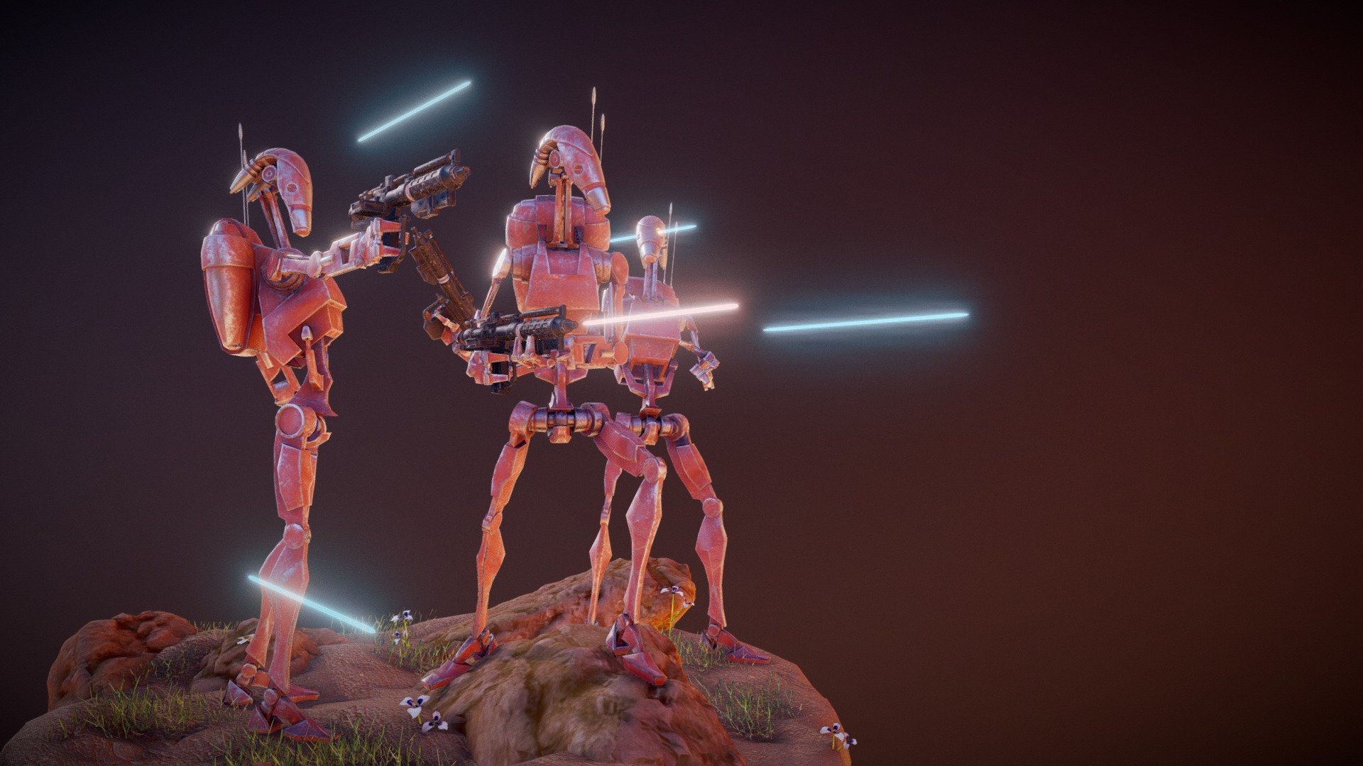The B1 Battle Droid was created in the Baktoid factories to serve as the body of the Seperatist army. The low cost allowed them to be numerous on the battlefield and swarm their enemy. This also meant that they were badly programmed and prone to destruction. Yet seeing an army of those cold deadly machines on approach, made many shiver in fear.



This Diorama is created with Blender and Substance Painter. High res models were created and baked down onto lower resolution to be usable in game. High detail textures really put the finish on these machines.

Follow me on Facebook or ArtStation - B1 Battle Droid - Diorama - 3D model by Mr. The Rich (@MrTheRich) 3d model