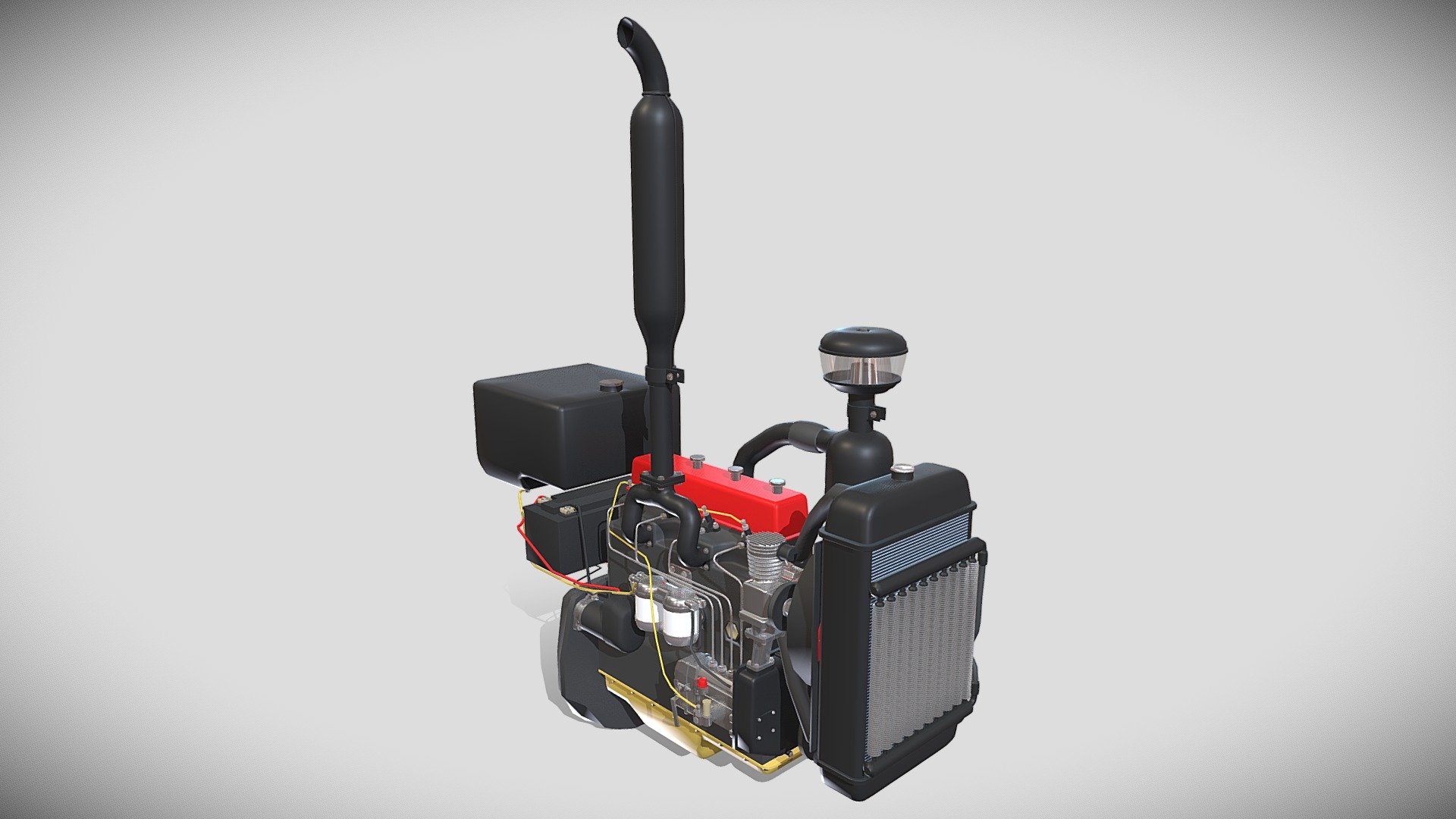 Highly detailed Tractor Engine 3d model rendered with Cycles in Blender, as per seen on attached images.

The model is very intricately built, it has the engine, with cooling for oil and water, injection pump, fuel lines, compressed air circuit, electric circuit modeled.

The 3d model is scaled to original size in Blender.

File formats:

-.blend, rendered with cycles, as seen in the images;

-.obj, with materials applied;

-.dae, with materials applied;

-.fbx, with materials applied;

-.stl;

Files come named appropriately and split by file format.

3D Software:

The 3D model was originally created in Blender 2.8 and rendered with Cycles.

Materials and textures:

The models have materials applied in all formats, and are ready to import and render, note that some minimal adjustments might be needed to look best in the renderer of choice.

The models come with one png texture.

Preview scenes:

The preview images are rendered in Blender using its built-in render engine &lsquo;Cycles' 3d model