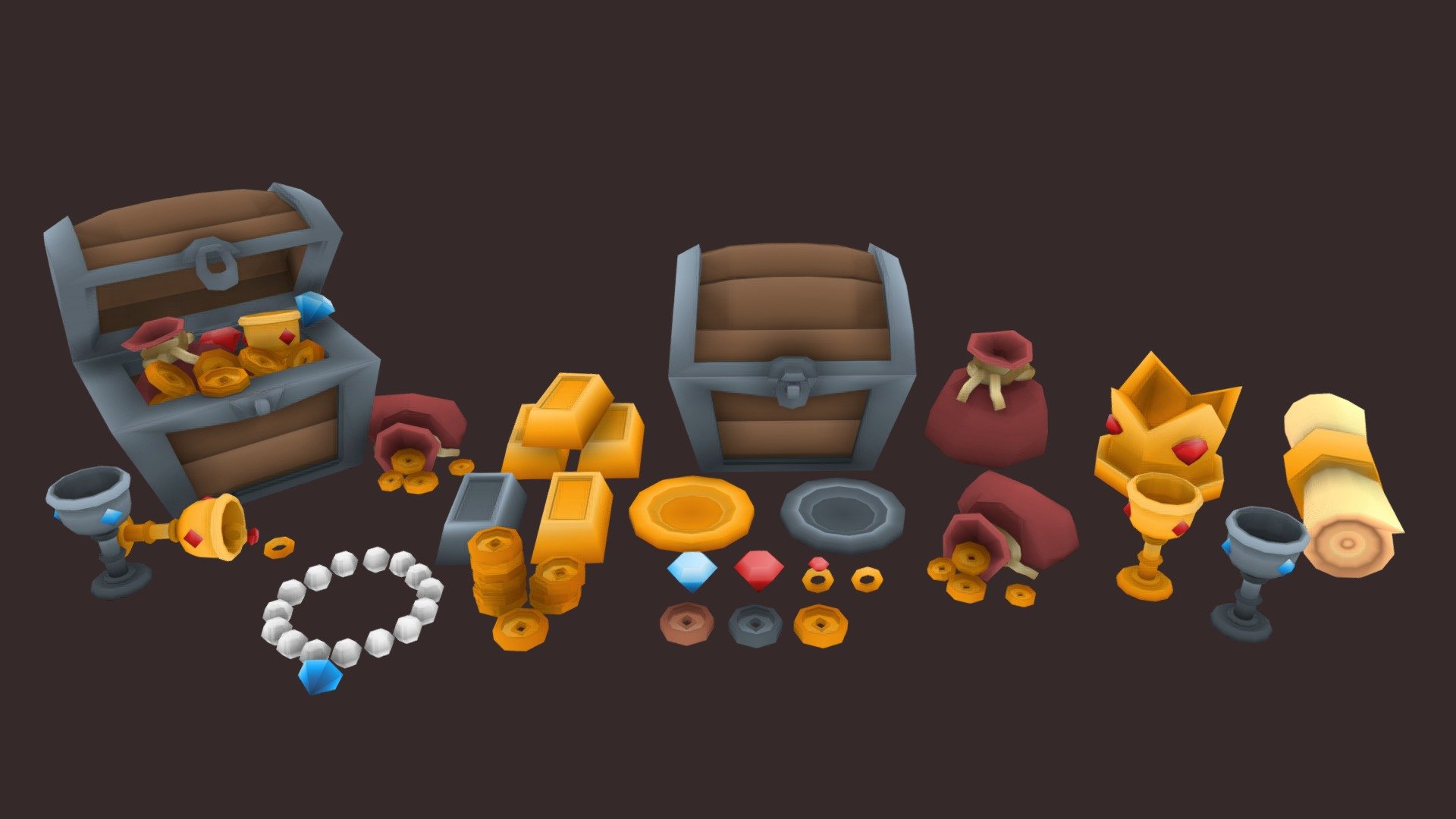This is a part of my Stylised Viking Assetpack series. All assets from the packs will use the same texture file for each and every object. Apart from this I also make the models lowpoly so that you will have the best of optimisation for your game or other project you will use this for.

Content of the pack




1 treasure chest

1 golden coin,1 golden coin pile, 1 silver coin, 1 bronze coin

1 closed coin pouch, 1 coin filled pouch

1 ruby inlaid golden grail, 1 diamond inlaid silver grail

1 golden plate, 1 silver plate

1 golden ring, 1 ring with a ruby

1 golden bar,1 golden bar pile, 1 silver bar

1 ruby, 1 diamond

1 golden crown

1 pearl necklace

1 scroll

1 example treasure filled chest set

(this will be updated in the future with more assets)

Technical Details

1 Texture with size: 1024 x 1024 (fits all assets from the viking asset packs collection)

Make sure to check my page for future updates to the Stylised Viking Assetpacks 3d model