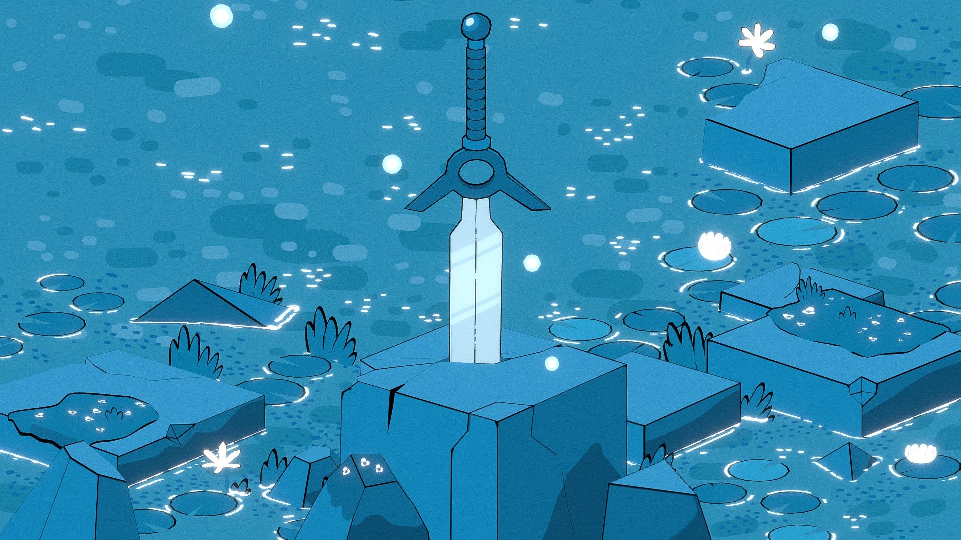 This was a cool picture I saw on tumblr a while ago. All the the credit goes to Joey Lawrence. He is an artist based in Australia who has created some short comics that have a cool, hilarious, and introspective vibe. He also makes some really funny clothing designs

You can visit him and check out his work here:

https://timecowboy.tumblr.com/

https://twitter.com/TheTimeCowboy/status/1231916532600455168

https://timecowboy.threadless.com/

Also included is a waterfall from Kistof Dedene tutorial. Couldn't get the animation the way I wanted though&hellip; - Stone & Sword by Jake Lawrence aka "timecowboy" - 3D model by wilemben 3d model