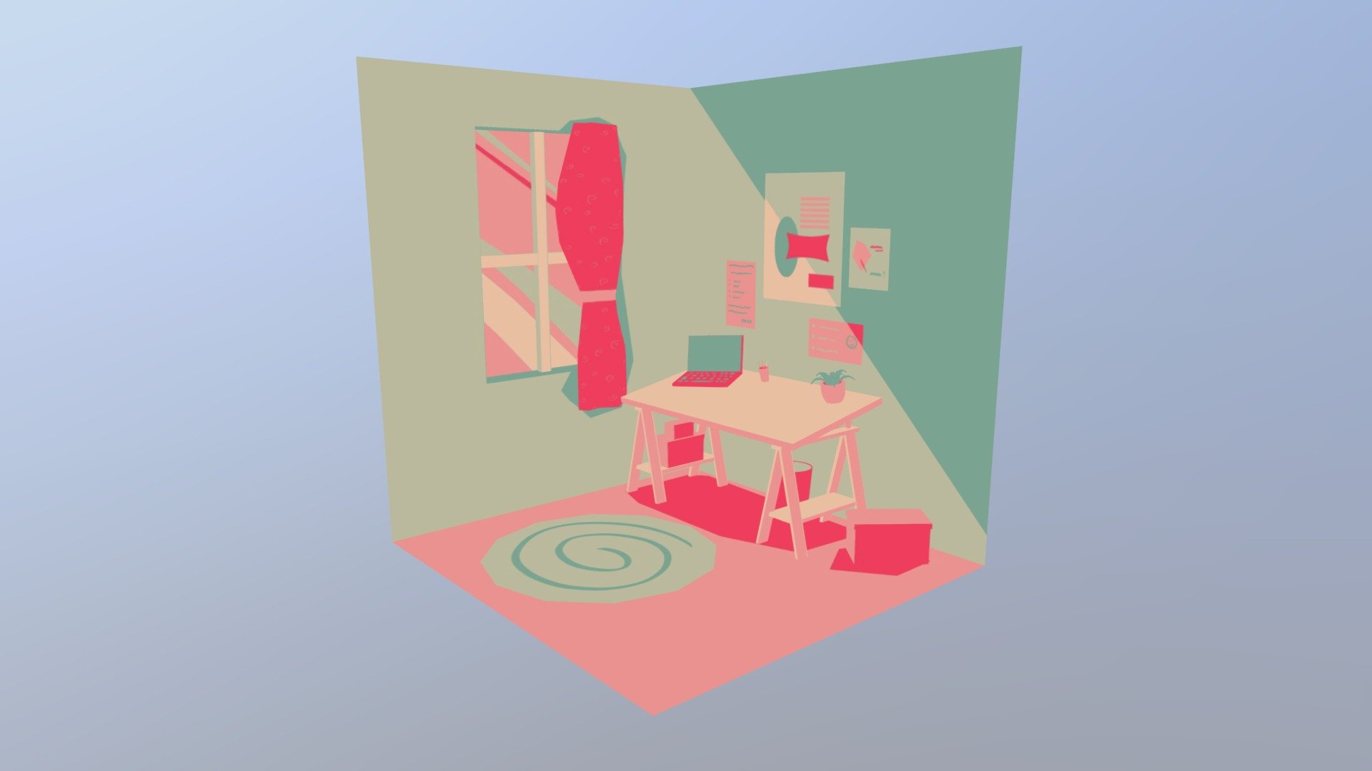 I wanted to try to model something which looked like a 2D background from a cartoon such as Steven Universe or Kim Possible, using a limited color palette 3d model