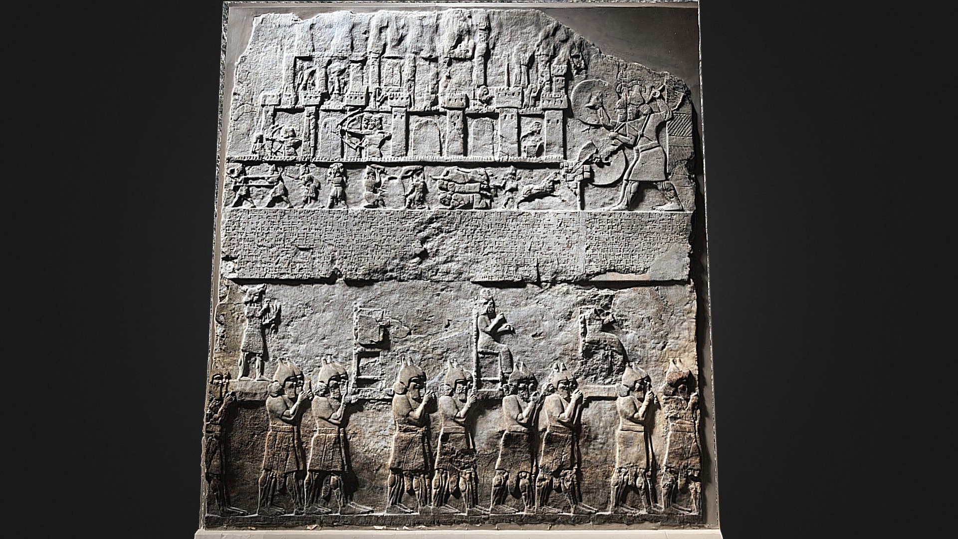 Above: attack in an enemy town// Tiglath-pileser III's army attack on enemy town (perhaps in Syria). Assyrian, 728 BC. Nimrud, Palace. British Museum. London. GBR.
Below: removal of enemy gods // Tiglat-pileser III ataque del ejército del pueblo. Extracción de dioses del enemigo. Asiria, 728 BC. Nimrud, Palacio Central. Museo Británico. Londres.
Assyruan, about 728 BC, From Nimrud, CentraPalace, re-used in South-West Palace.

Modelo fotogramétrico realizado con capturas de Iphone6S en el The British Museum con algún arreglo en la parte posterior 3d model