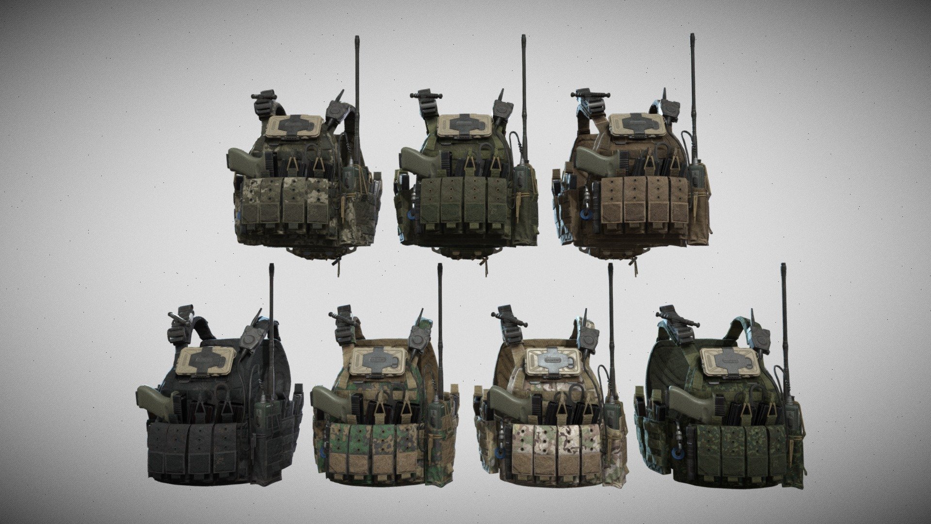 Game-Ready PBR low-poly model of a tactical vest

Single model:

15574 polygons
28239 triangles
14696 vertices

Maps:

vest_BaseColor_Sand.tga, vest_BaseColor_Black.tga, vest_BaseColor_Camo_01.tga, vest_BaseColor_Camo_02.tga, vest_BaseColor_Camo_03.tga, vest_BaseColor_Camo_04.tga, vest_BaseColor_Camo.tga, vest_BaseColor_Green.tga, vest_Normal.tga, vest_Specular.tga, vest_Metallic.tga, vest_AO.tga, vest_Roughness.tga (1024x1024)

details_AO.tga, details_BaseColor.tga, details_Metallic.tga, details_Normal.tga, details_Specular.tga, details_Roughness.tga (1024x1024) - Tactical Vest - 3D model by alpenwolf (@alpen) 3d model
