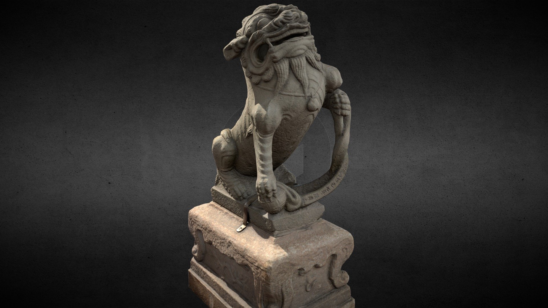 Lion-Statue-037M-梧棲朝元宮 公獅

主祀天上聖母的梧棲朝元宮，門前一對石獅為創廟時物，其上有「威豐丁已七年陽月立」、「泉郊晉春號弟子蔡萬辦教奉」落款。
此對石獅公獅開口，母獅露齒微笑，嘴呈八字嘴形，額頭、眉毛、鼻頭、面煩等皆以線刻劃分，形成一個個橫條狀的隆凸團塊。鈴鐺上雕飾花卉，四肢刻劃肌肉線紋，掌指關節明顯。相當擬人化地呈現抓握綬帶及少獅的姿態。

節自《臺灣石獅圖錄》陳磅礴著



Lion-statue-037M

Polys: 40020
Verts: 19997

Lion-statue-037F 3D Model. Model created with Photogrammetry and completed in 3ds Max.
Model used normal map for details. This model contains 40020 Triangles

Textures:

037M-AO.png—8192x8192(Ambient occlusion map)

037M-D.png—8192x8192(Diffuse map)

037M-N.png—8192x8192(Normals map)

037M-Rough.png—8192x8192(Roughness map)

037M-M.png—8192x8192(Metalness map) - Lion-Statue-037M-梧棲朝元宮 - Buy Royalty Free 3D model by Kevin Lai 賴昊君 (@HaoJunLai) 3d model