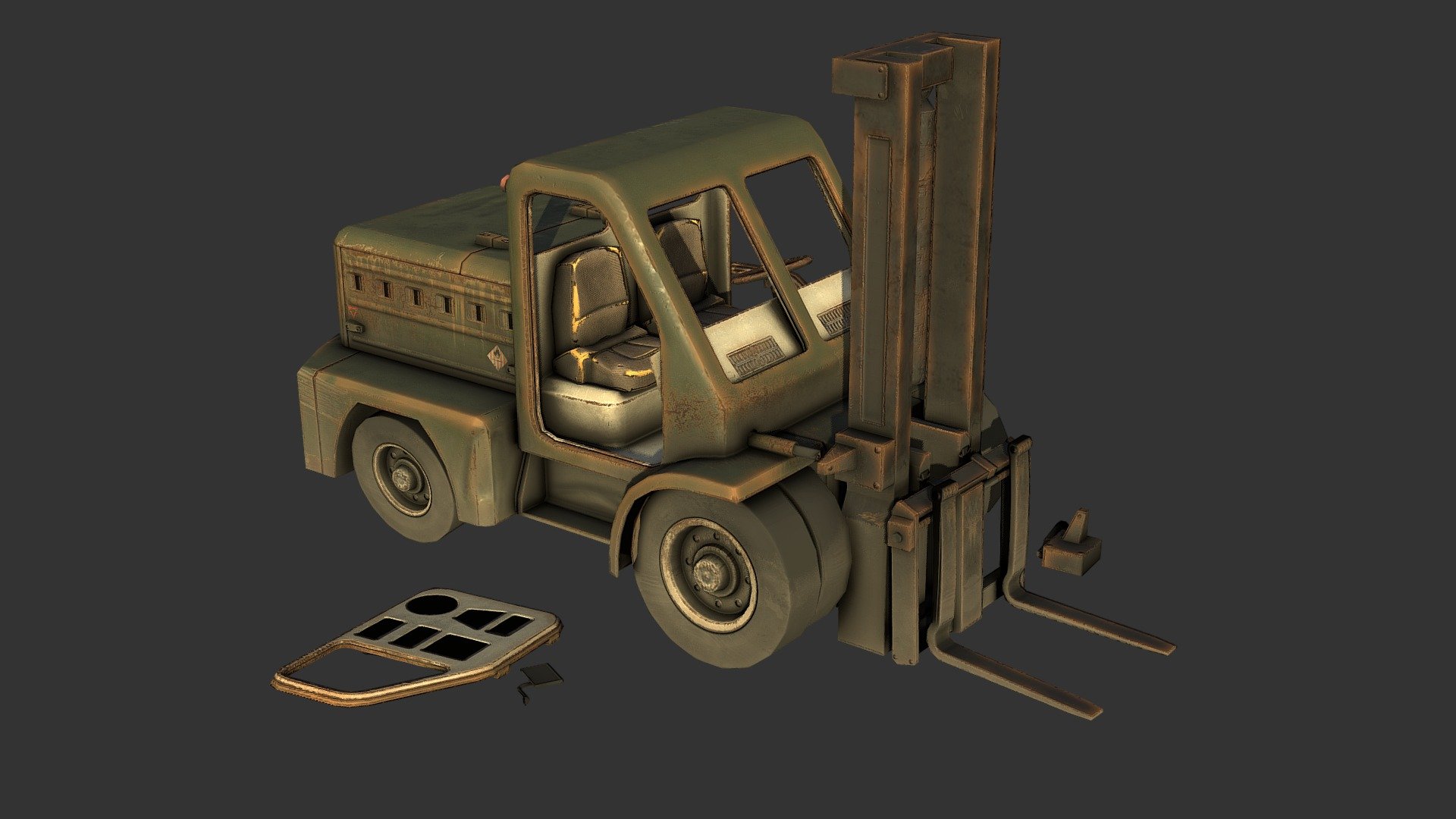 Quick animation test, as a bit of experiment to see if I can make physics animations work. The good news is that they do. I'll post a proper, finished version of this model later.

Made/animated in 3DSMax, unfinished textures in substance painter - Forklift Break Animation (Test) - 3D model by Renafox (@kryik1023) 3d model