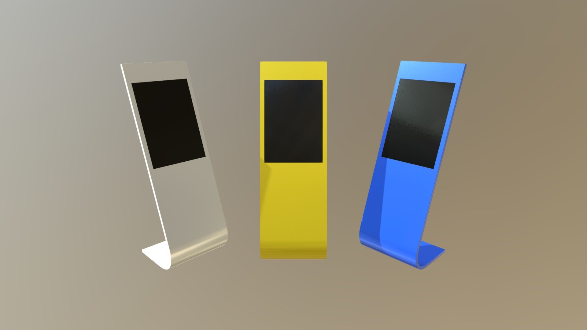 Sample Model of Full length information kiosk with touchscreen. Used in the interiors of shopping mall and exhibition place. Mockup to showcasing information or advertising.

Tip: If desired, the number of polygons can be reduced

Zip contains:

1 .max (3dsMax 2016 with UV and PBR Materials))

1 .mat (Vray Materials)

1 .blend (low poly with Bevel edges, with UV and PBR Materials)

1 .unitypackage (Unity 2019, low poly and high poly models, with UV and PBR Materials)

1 .fbx 

1 .obj 

High resolution PBR textures(4096x4096 .PNG): Base Color, Ambient Occlusion, Height map, Normal map, Metallic, Roughness

Vray Textures Pack(.PNG)

PBR Textures Pack(.PNG)

The author hopes to your creativity.

P.S. This model was created in software &lsquo;Blender 3D' with GNU General Public License (GPL, or free software) - Sample of information kiosk with touchscreen - 3D model by Vitamin (@btrseller) 3d model