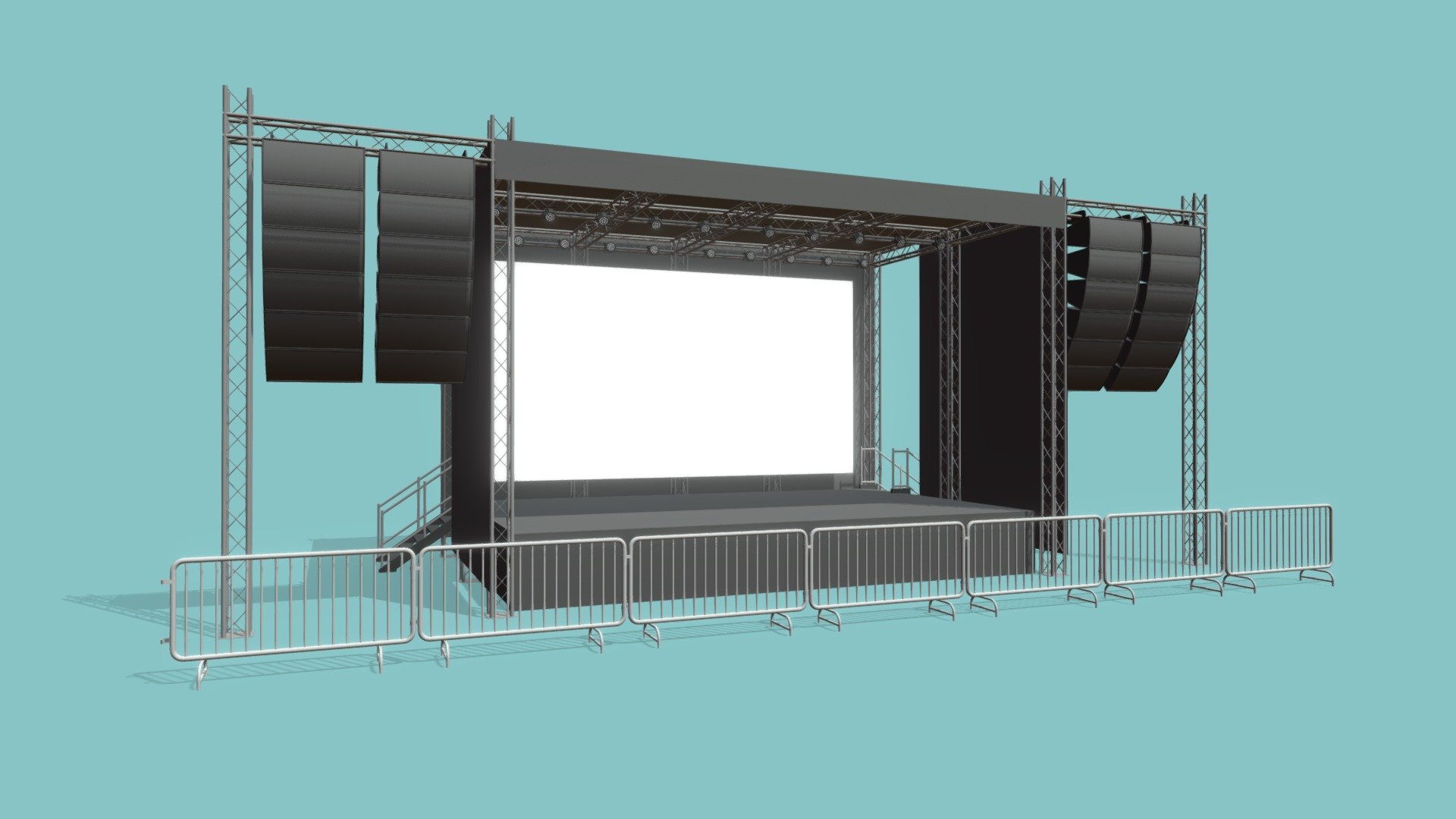 Concert Stage 1

Measurements:


Platform is: L: 8.3m, W: 5.3m, H: 1m
Inner height: 4.7m
Total height from bottom to top: 6.3m

IMPORTANT NOTES:


This model does not have textures or materials, but it has separate generic materials, it is also separated into parts, so you can easily assign your own materials.

If you have any doubts or questions about this model, you can send us a message 3d model