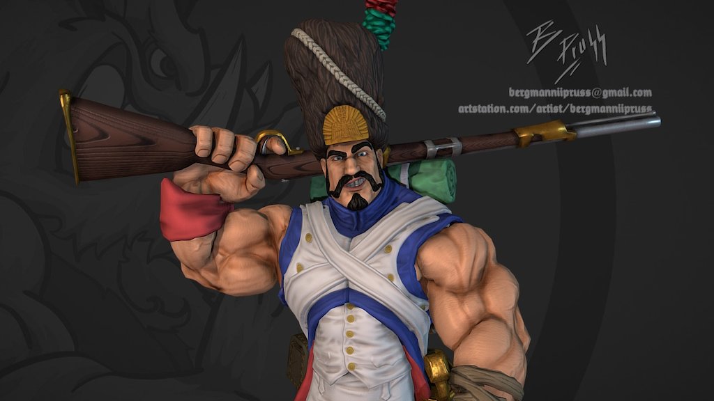 I made this character recently to learn Rigging and possibly animation. 
Is a Napoleonic soldier because I love that era, those wars .. 
you know, the Polish Red Lancers , the French old guard, the British Highlanders etc. 
I'm from Colombia and here nobody is interested in that story. it is difficult :/ 

Made from scratch using Zbrush/Photoshop/Maya/XNormals
 Follow me :)  www.artstation.com/artist/bergmanniipruss - KF Sarge - 3D model by BergmannIIpruss 3d model