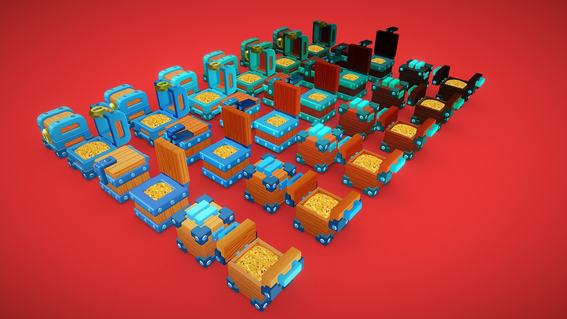 This pack contains 3 Low Poly 3D wooden treasure chest with 6 different diffuse texture for each chest. Fits perfect as a decoration in exterior and interior stylized/cartoonish level design for games or VR/AR applications.

Features:




Number of Meshes: 3;

LODs: None;

Texture Size: 2048x2048 pixels;

Maps: Diffuse only;

Total Number of Textures: 18;

Supported Development Platforms: any

Supported Target Build Platforms: any

Polycount: 




Chest 01: 1.660 polygons;

Chest 02: 2.627 polygons;

Chest 03: 2.106 polygons;
 - Pack of Cartoon Wooden Treasure Chest - Buy Royalty Free 3D model by Rafael Ribeiro (@ribeirorafael) 3d model