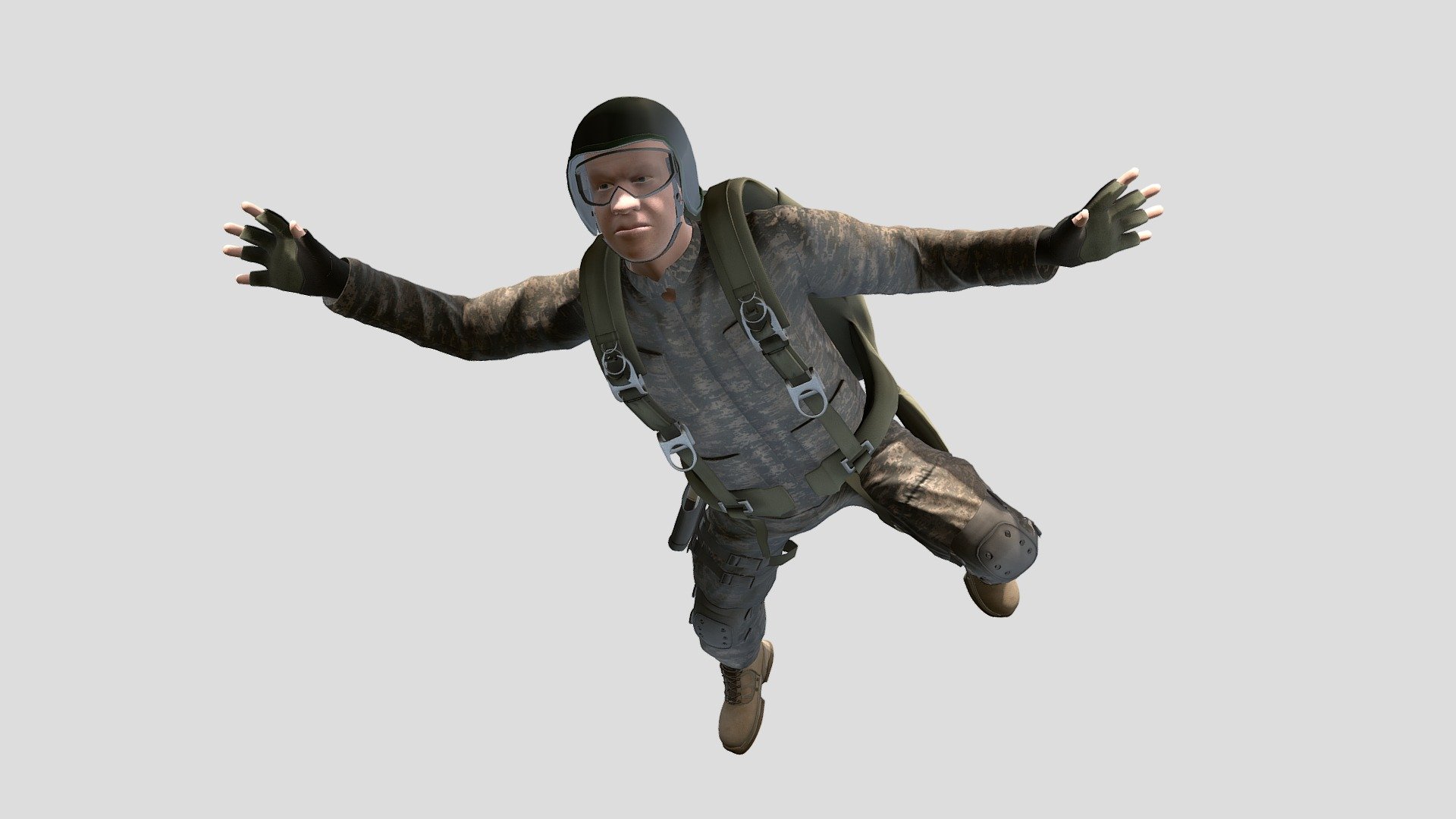Marine Para Rig. This is setup to easily work with Mixamo + the 1000s of available animations and is using one to drive the character in this scene. The additional file Includes is a key frame rig setup for use with Maya, also includes the mixamo rig in both maya and FBX format.
There are currently lower poly versions of the clothes and parachute included in the keyframe and mixamo rig additional files, will also look to add a fully PBR version soon should it be of interest. Dont hesitate to email via my contact details should you have any questions 3d model