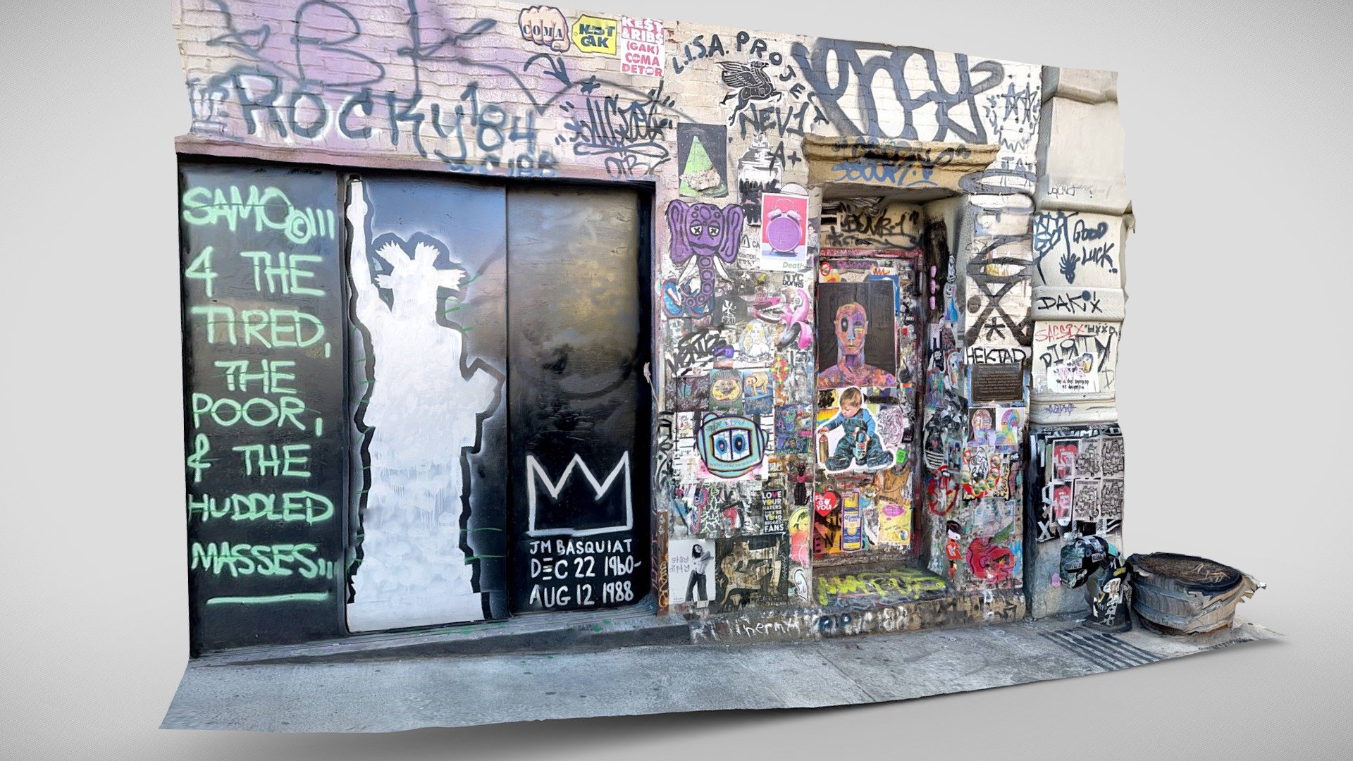 Graffiti art wall at 57 Great Jones Street, NYC. Back in the day, the place was owned by Andy Warhol who rented it to Jean-Michel Basquiat, who lived here from 1983 until he died here in 1988. His studio was on the ground floor, his living quarters upstairs.

Created with Polycam - Basquiat Graffiti Art Wall - Buy Royalty Free 3D model by Guillermo Sainz (@guillermosainz) 3d model