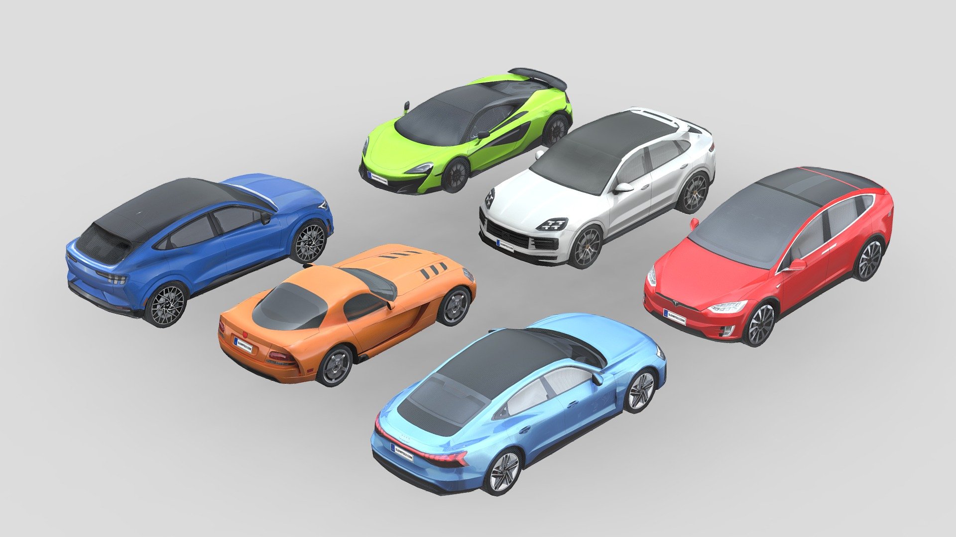 Our best low-poly car collection! Each car in this collection is carefully crafted, offering perfect topology and geometry. This ensures seamless integration into your projects.

With a low-poly concept, all cars deliver a visually stunning experience, complete with amazing details. This is made possible by pre-rendered textures that enhance realism optimally.

What’s included in this collection: - Audi E-Tron GT - Dodge Viper SRT 2010 - Ford Mustang Mach-E - McLaren 600LT 2019 - Porsche Cayenne E Hybrid Coupe 2024 - Tesla Model X 2018

By purchasing this collection, you will get high-quality low-poly assets, a perfect blend of quality and unbeatable affordability! - Low-Poly Car Pack 004 - Performance Powerhouses - Buy Royalty Free 3D model by slowpoly 3d model
