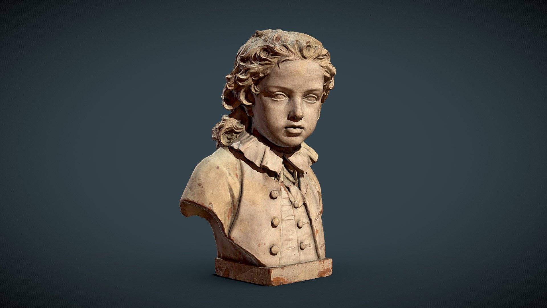 130 images, iPhone 13 processed in RealityScan. Additional cropping in Blender.



Portrays a young boy in 18th century dress wearing a chemise with a frilled collar beneath a buttoned waistcoat and collarless jacket.
~ artfund.org/supporting-museums/art-weve-helped-buy/artwork/7329/bust-of-edward-salter-aged-six

Artist/maker John Michael Rysbrack (1694 - 1770) (sculptor)

Associated place Europe (place of creation)

Date 1748

Material and technique terracotta

Object type sculpture

Dimensions 41.9 x 30.5 x 19.1 cm (height x width x depth)

Accession no. WA1999.22


~ https://collections.ashmolean.org/collection/search/per_page/25/offset/0/sort_by/relevance/object/53430 - Bust of Edward Salter aged six #RealityScan - 3D model by Thomas Flynn (@nebulousflynn) 3d model